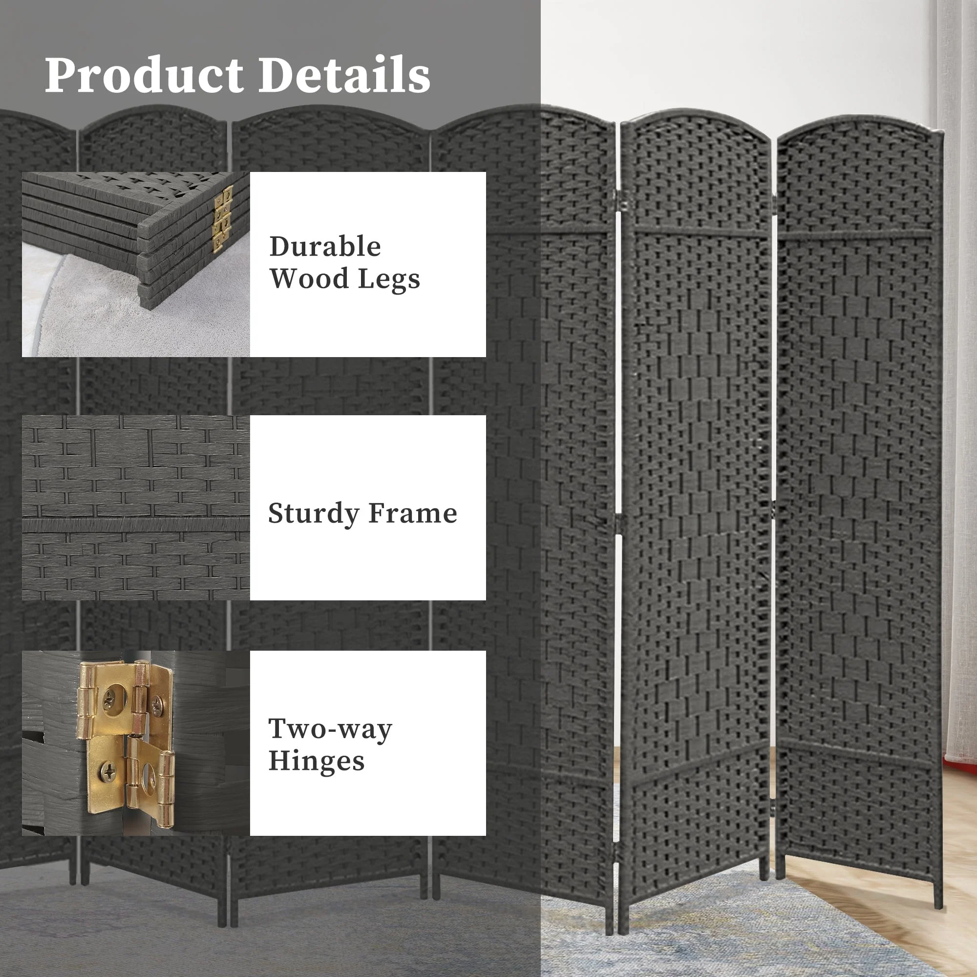 6 FT Tall Woven Fiber Room Divider, Freestanding Folding Privacy Screen - Image 25