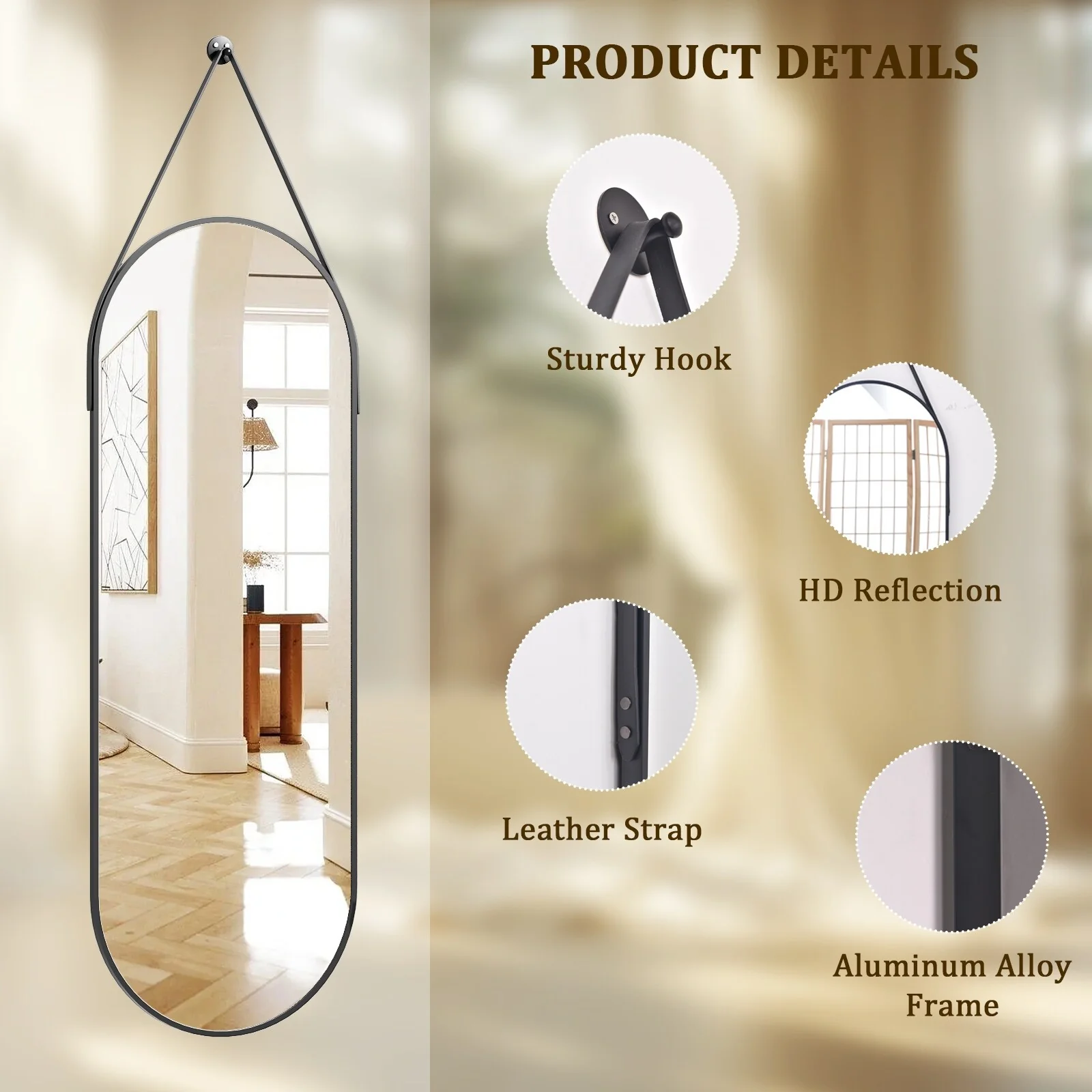 48 x 16 Inch Full Length Wall Mirror with Leather Strap, Hanging Full Body Mirror for Bedroom, Entryway and Home Decor - Image 4