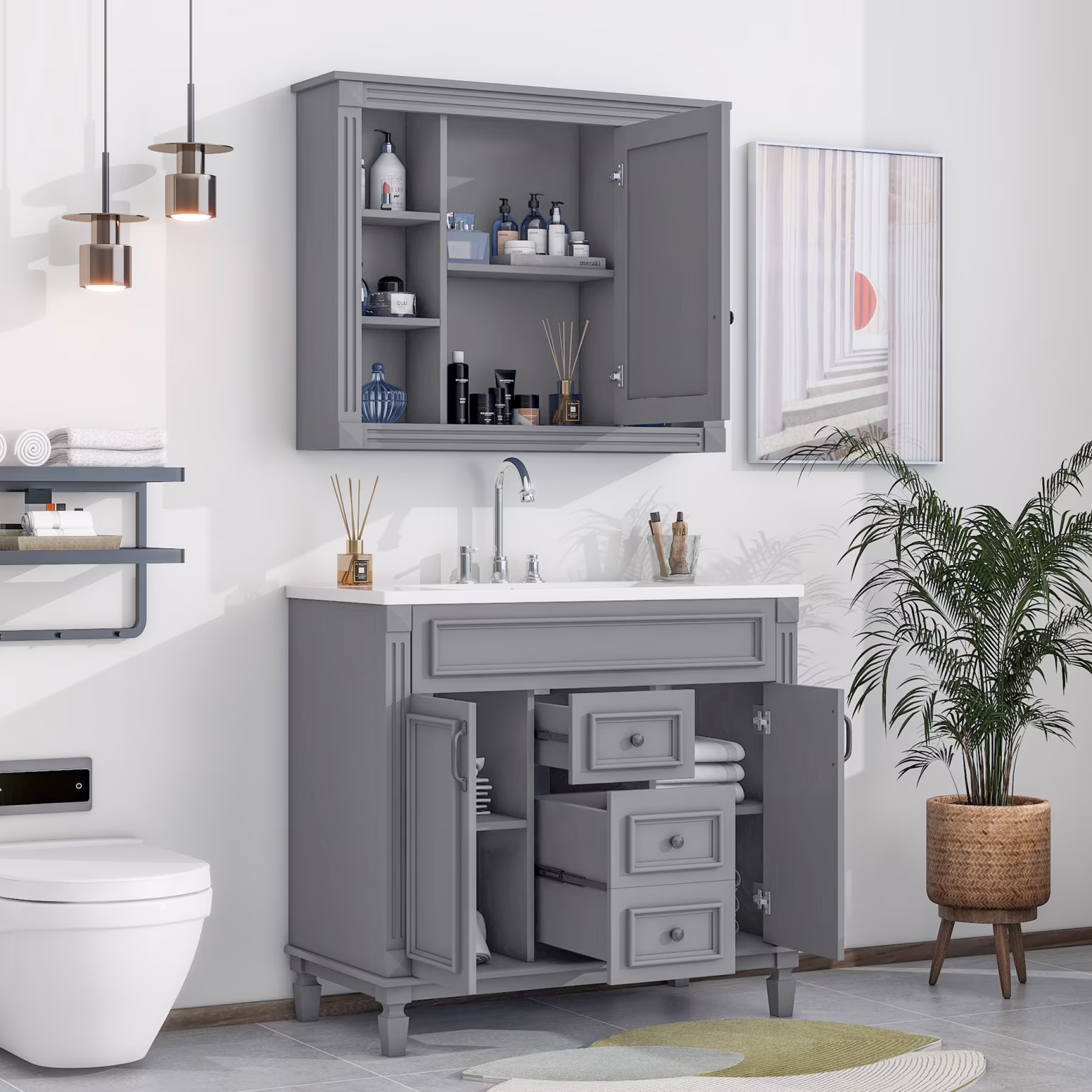 Modern Bathroom Furniture Set, 36" Bathroom Vanity with Top Sink, 35" Wall Mounted Bathroom Storage Cabinet, Mirror Cabinet with 6 Shelves, Storage Cabinet with 2 Doors and 2 Drawers, Grey
