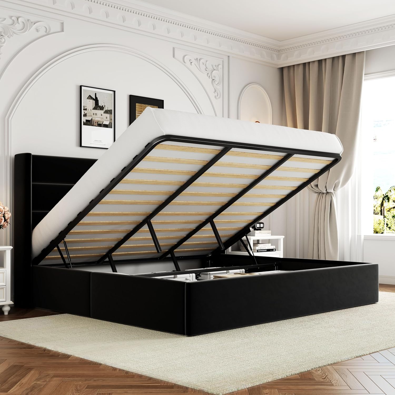 Queen Size Lift Up Storage Bed with Wingback Headboard, Upholstered Platform Bed Frame with Hidden Storage - Image 26