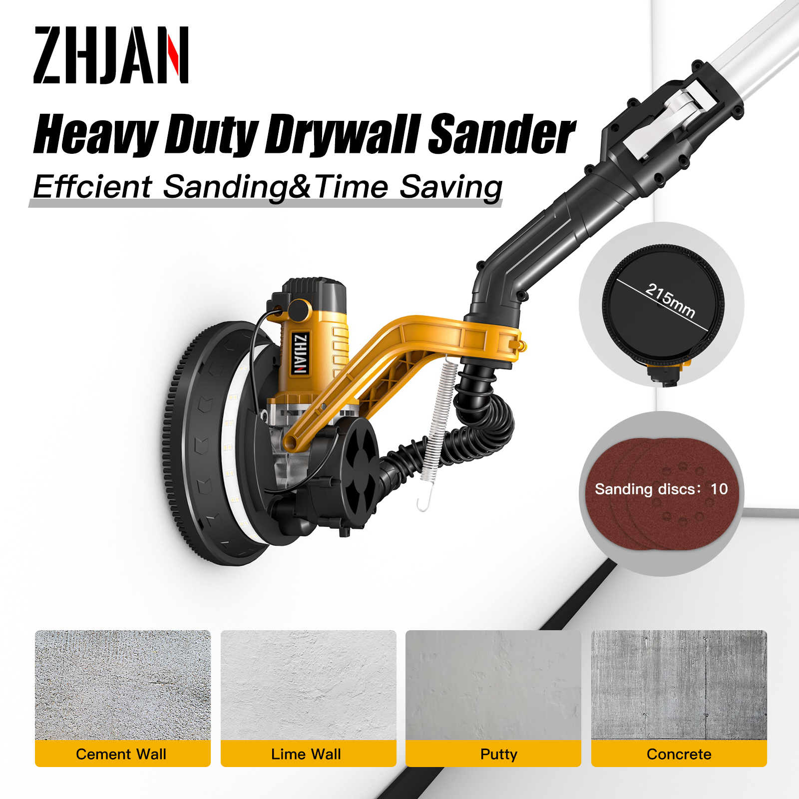 ZHJAN Electric Drywall Sander with Vacuum - Heavy Duty 880W, 5-Speed 1000-2100RPM, Extendable Handle, 12 Discs & Dust Bag, LED Light (59") - Image 3