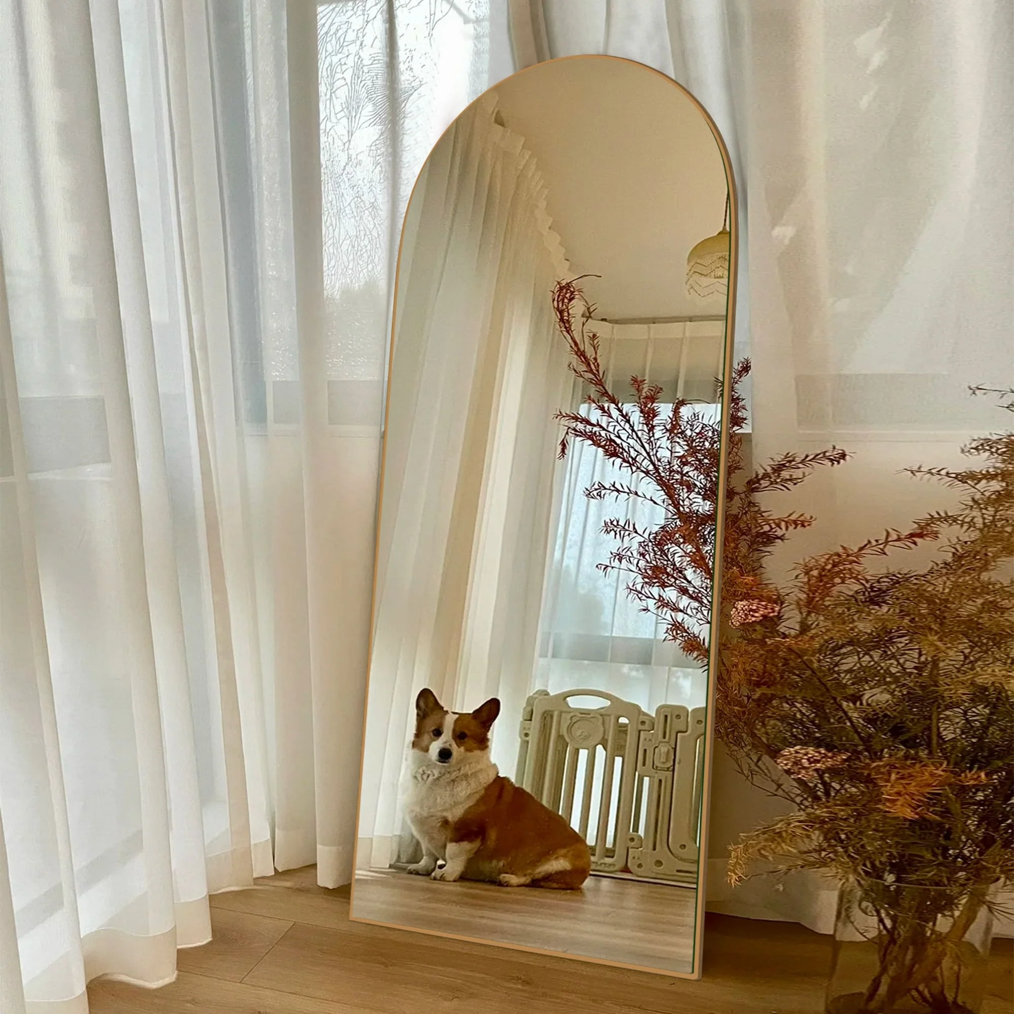 Arched Full Length Wood Floor Mirror, Full Body Standing and Wall Mounted Mirror for Bedroom, Living Room and Home Decor - Image 19