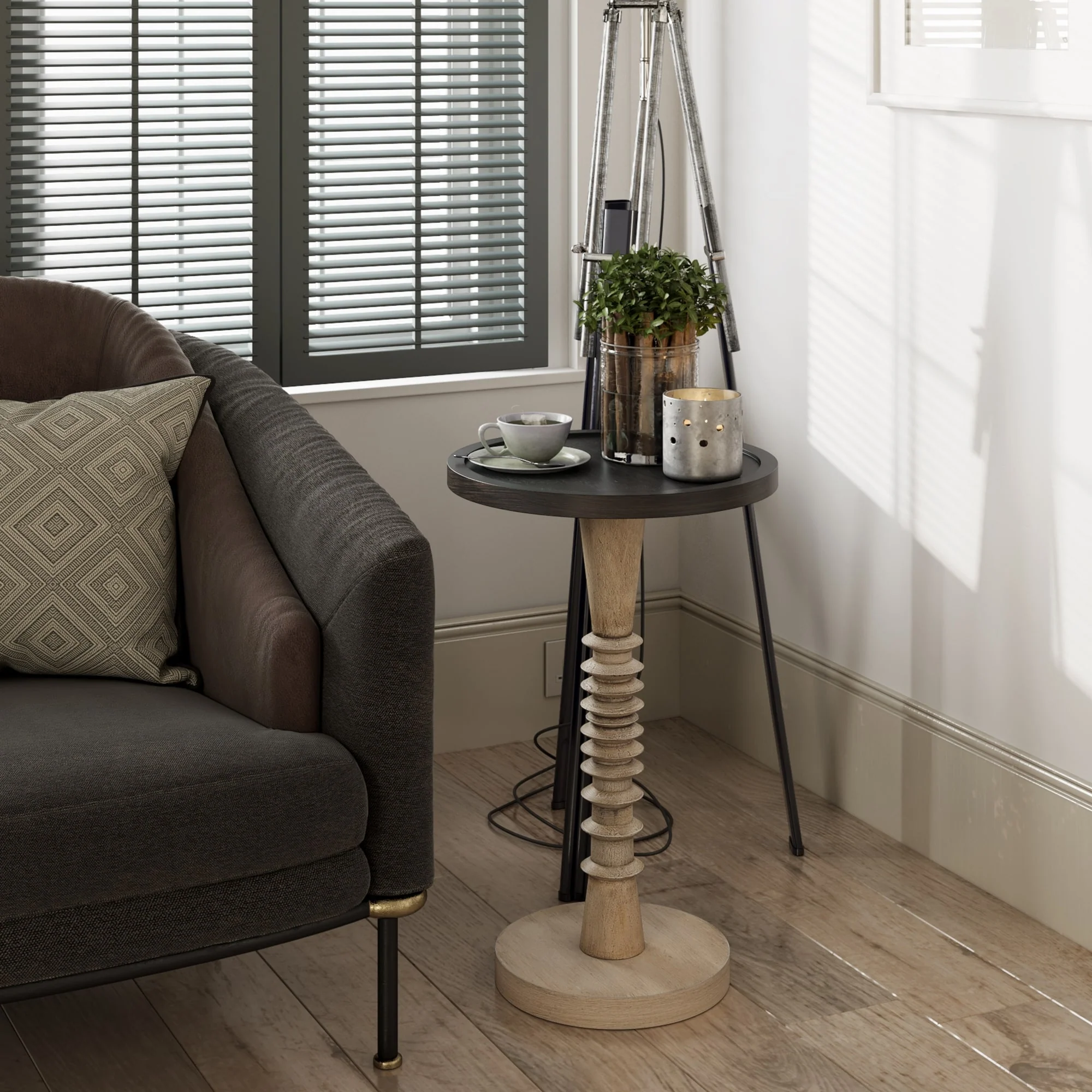 Small Pedestal End Table with Tray Top, Farmhouse Distressed Finish Accent Table - Image 9