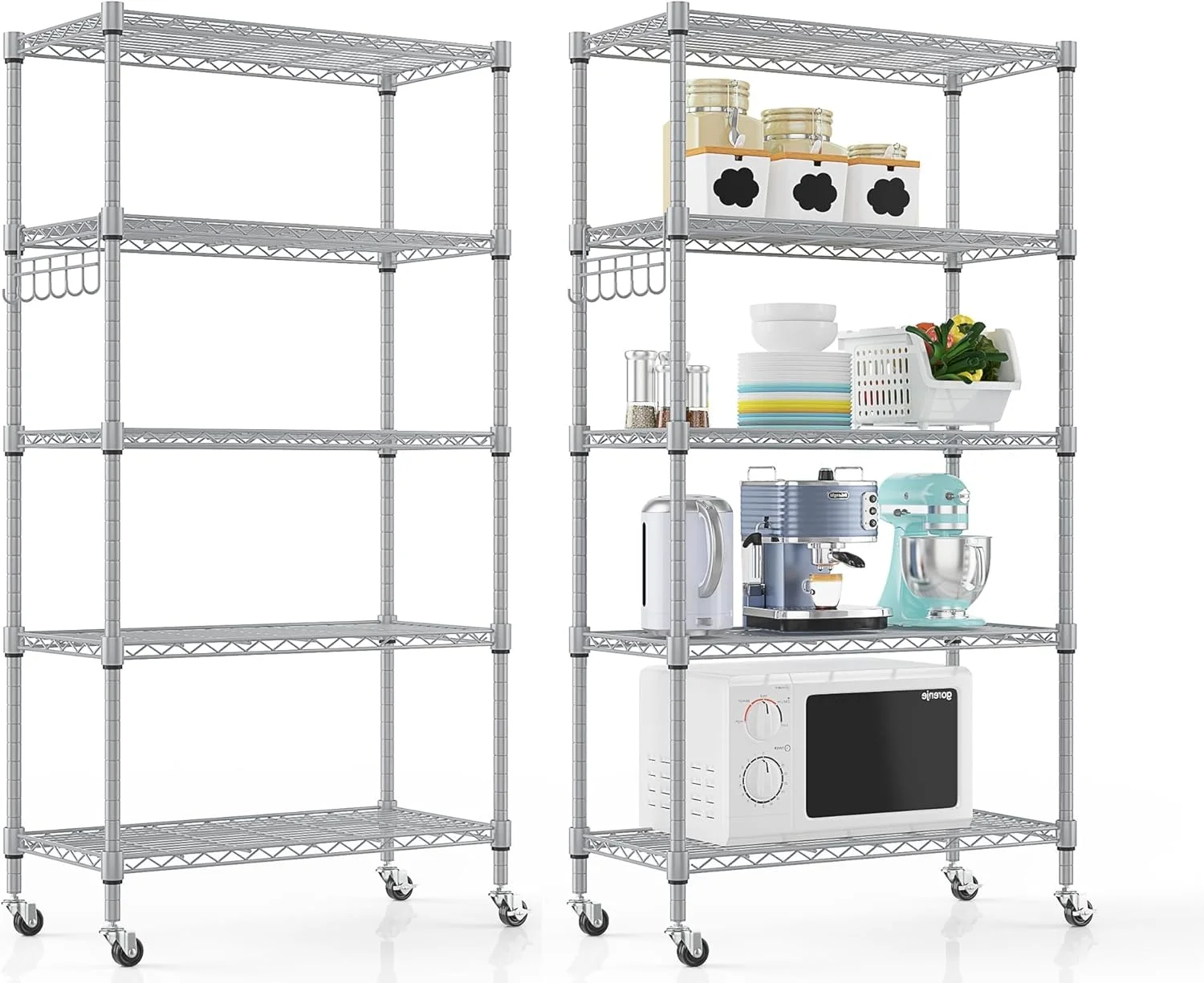 5-Tier Storage Shelf Wire Shelving Unit on Wheels, Adjustable Heavy Duty Metal Shelves with Side Hooks, Steel Rack Organization for Kitchen Garage Basement, Silver - Image 9