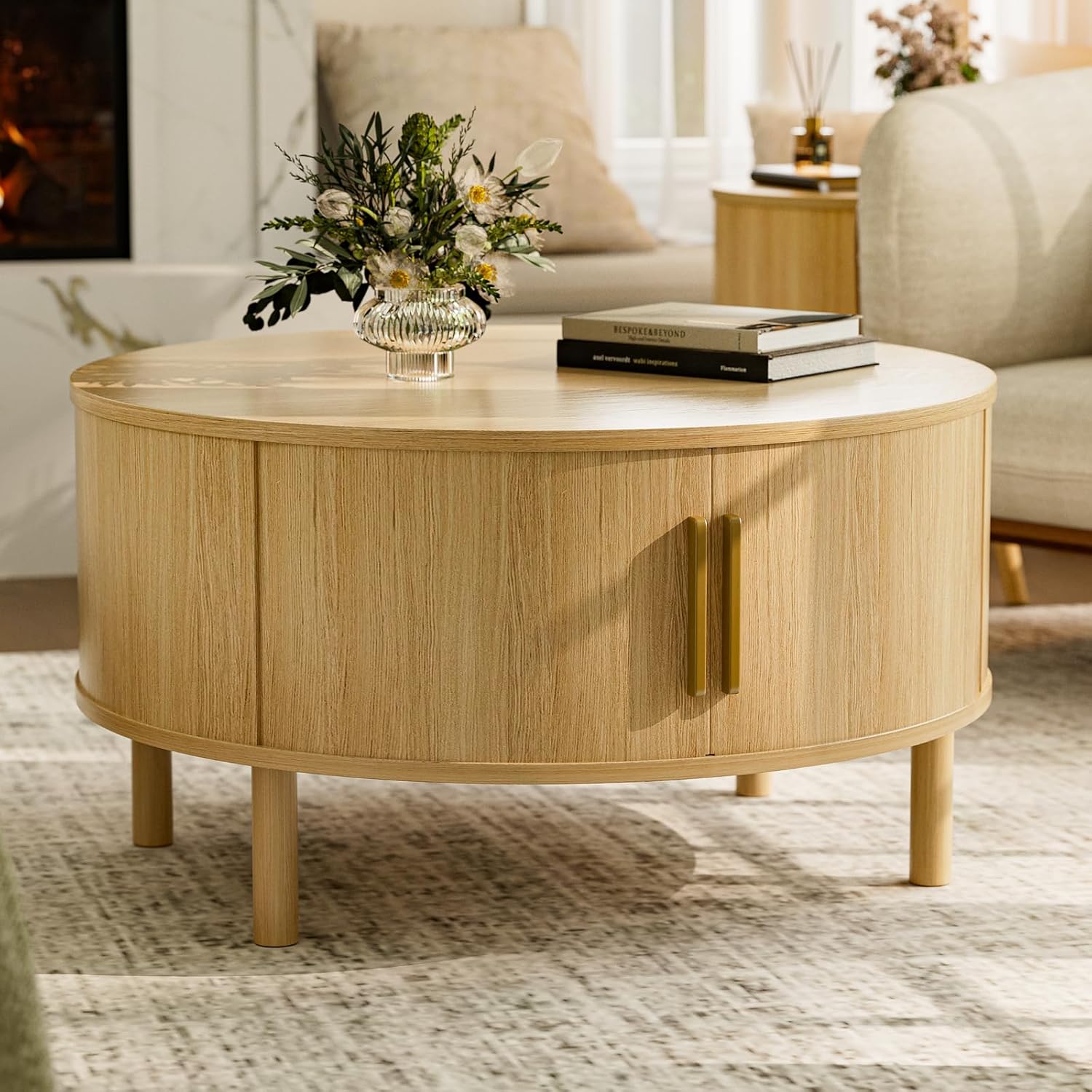 Round Coffee Table with Sliding Doors, Mid-Century, Walnut - Image 3