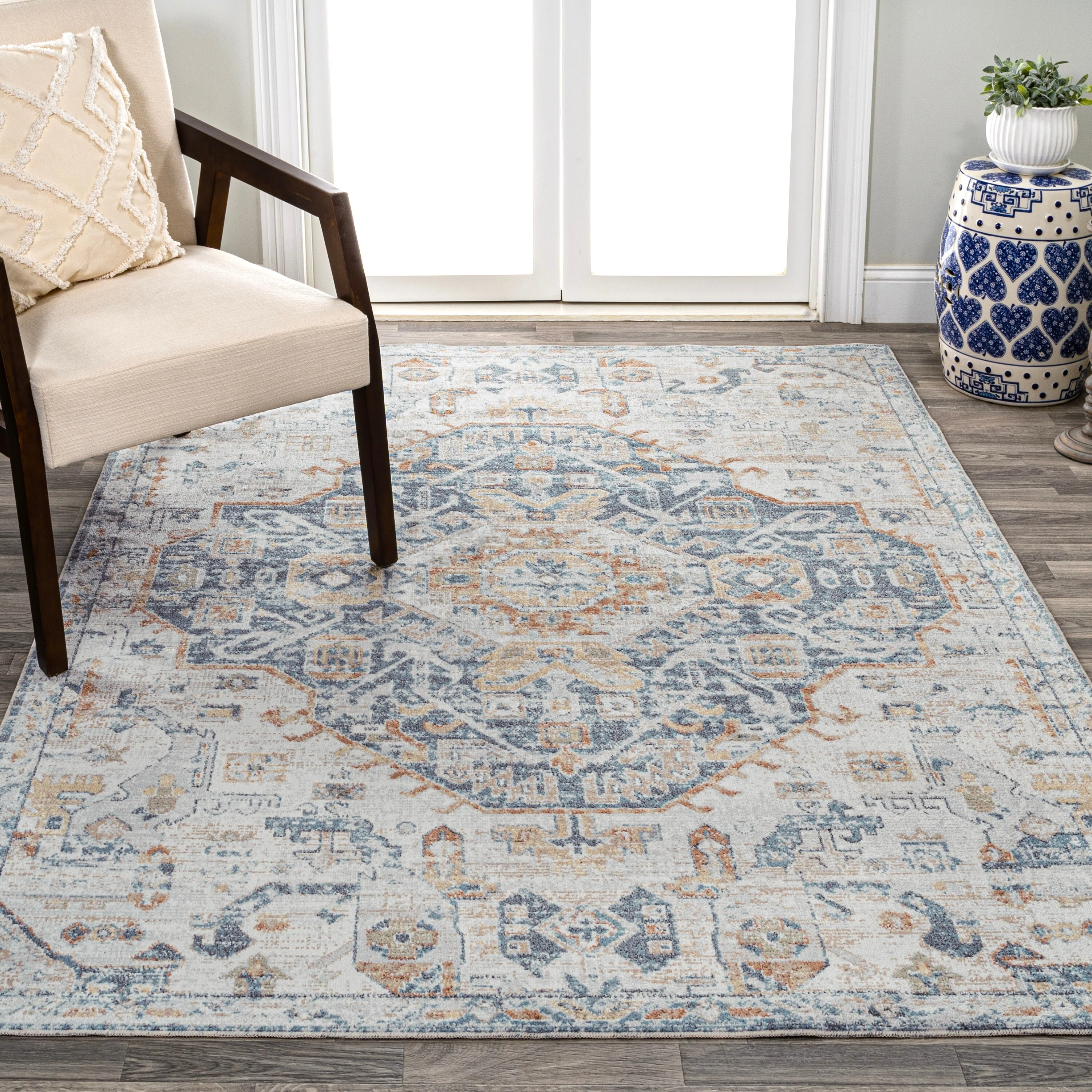 Bohemian Medallion Low-Pile Machine-Washable Area Rug, Cream and Terra - Image 12