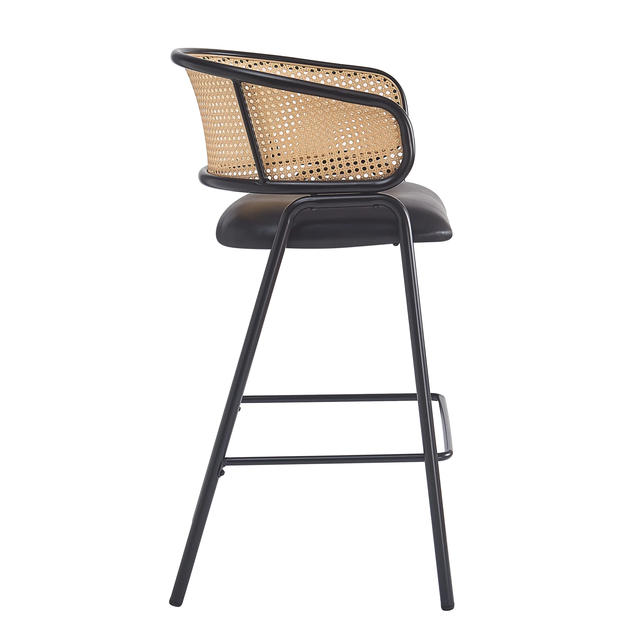 Christopher Knight Home 29.5" PU Upholstered Bar Stool with Woven Rattan Backrest & Iron Frame, Black, Set of 2 - Image 9