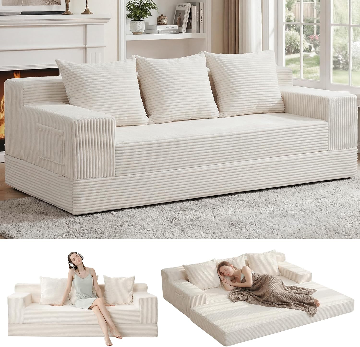 Convertible Sofa Bed, Loveseat Folding Floor Futon Sleeper Sofa Couch Bed- Boneless Foldable Couch, Corduroy Pull Out Sofa Bed with 2 Pillows for Living Room & Bedroom - Image 12