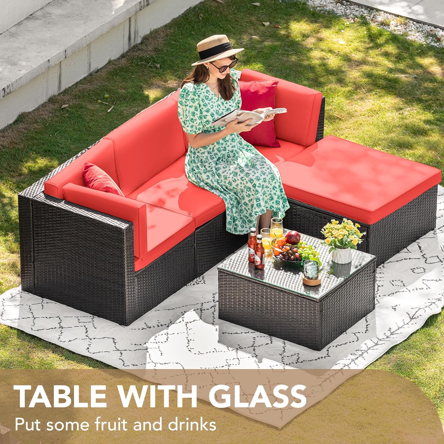 5-Piece All-Weather Patio Furniture Set with Cushions, Outdoor Wicker Conversation Sofa Set for Garden, Deck & Backyard - Image 43