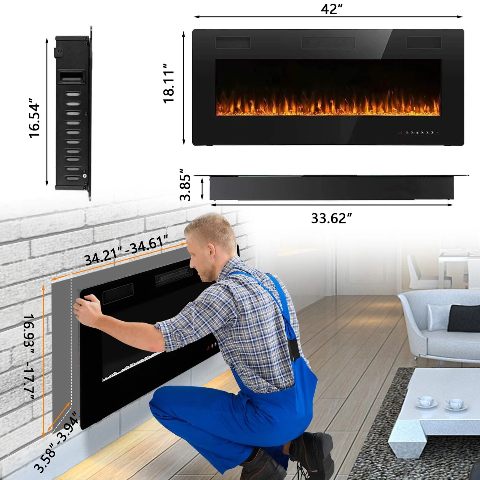 30-72 Inch Ultra-Thin Electric Fireplace, Linear Recessed Wall Mounted Fireplace with Remote Control - Image 9
