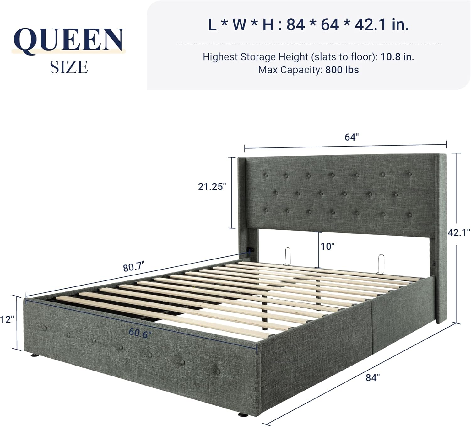 Queen Size Lift Up Storage Bed with Wingback Headboard, Upholstered Platform Bed Frame with Hidden Storage - Image 66
