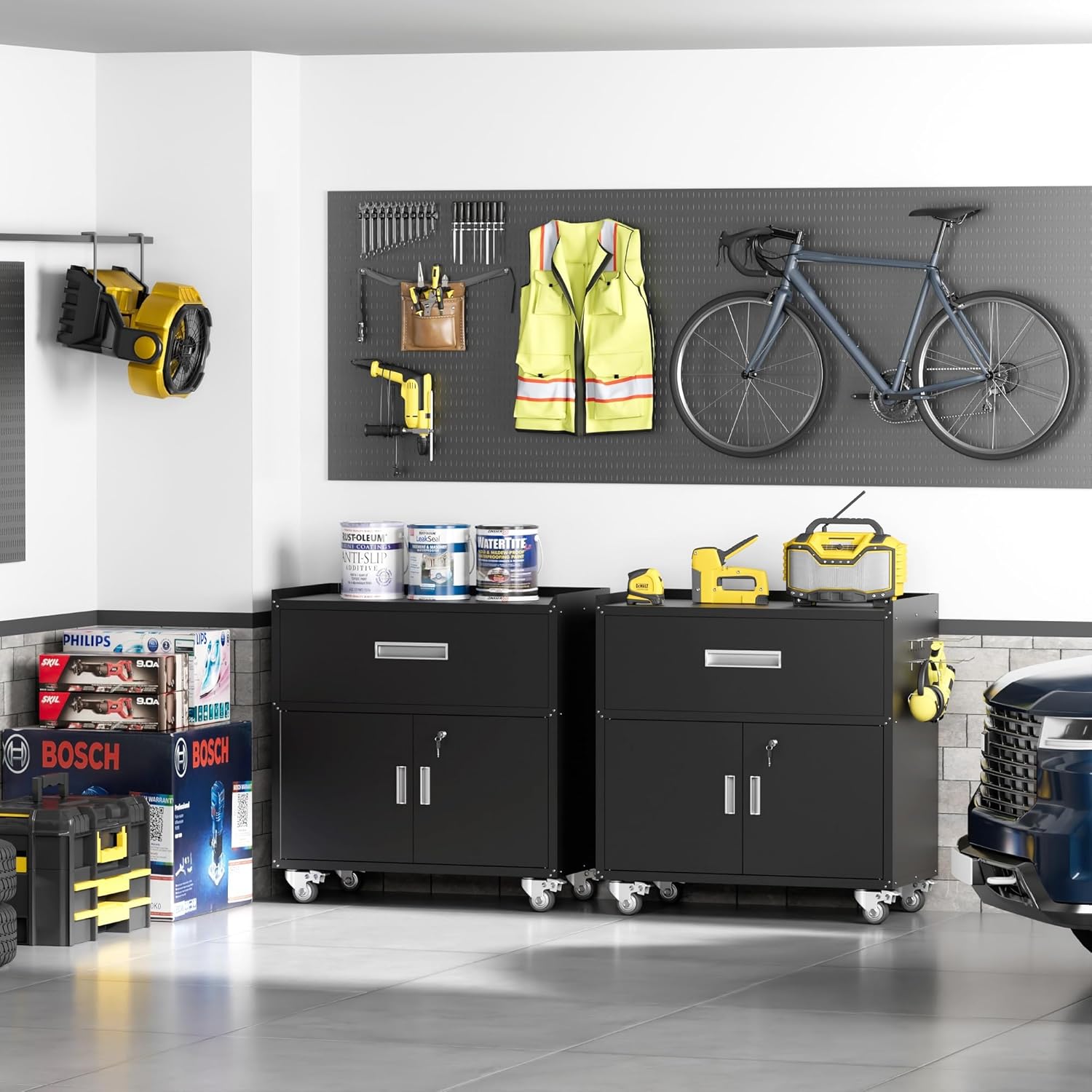 GXK-Home Metal Garage Storage Cabinet With Lock and Hook Hole,Tool Chest with Wheels for Workshop,Black - Image 12