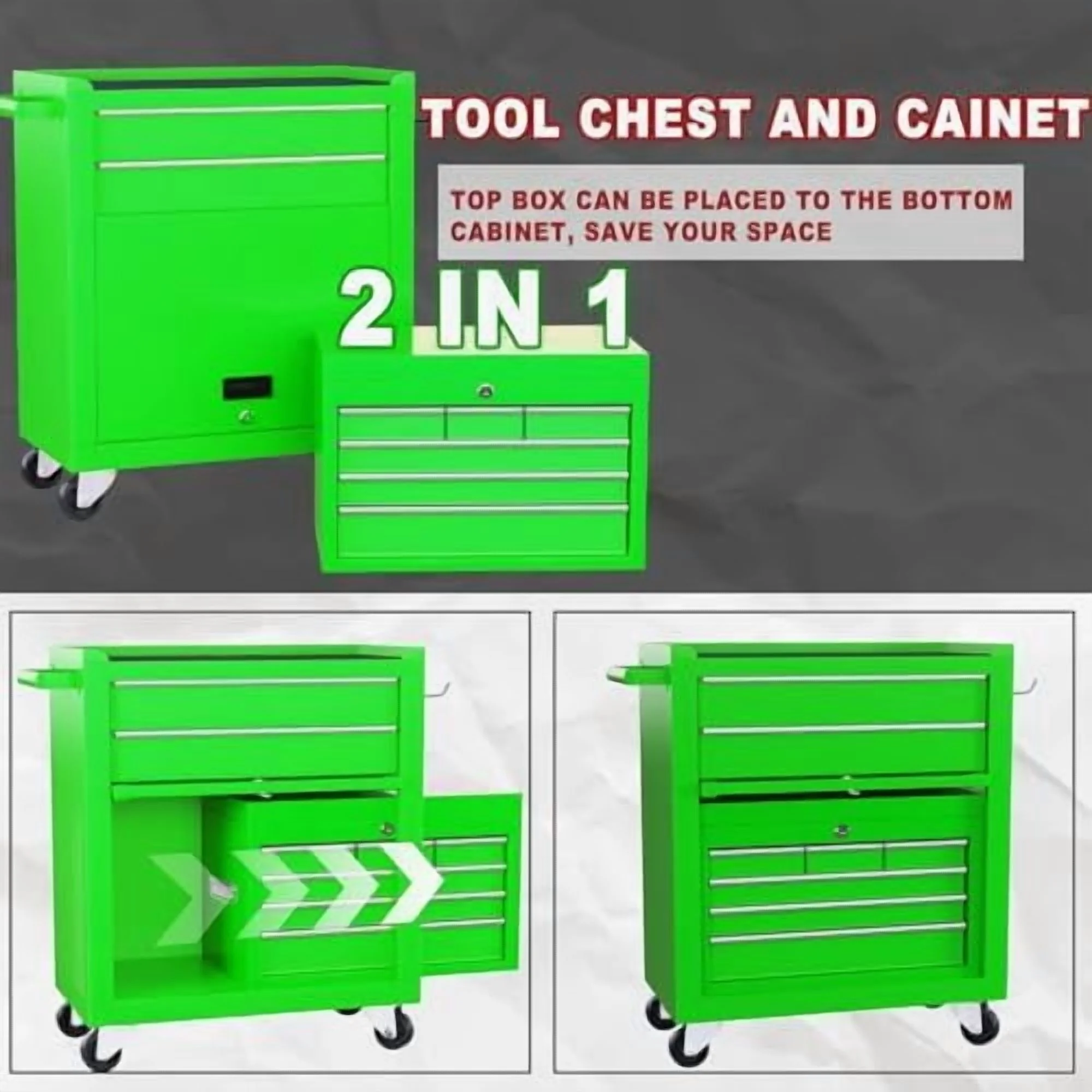 8-Drawer Rolling Tool Chest with Detachable Top Tool Box, Lockable Metal Tool Cabinet, and Liner, Heavy-Duty Storage Organizer with Wheels and 6 Hooks for Garage, Workshop, Green - Image 7