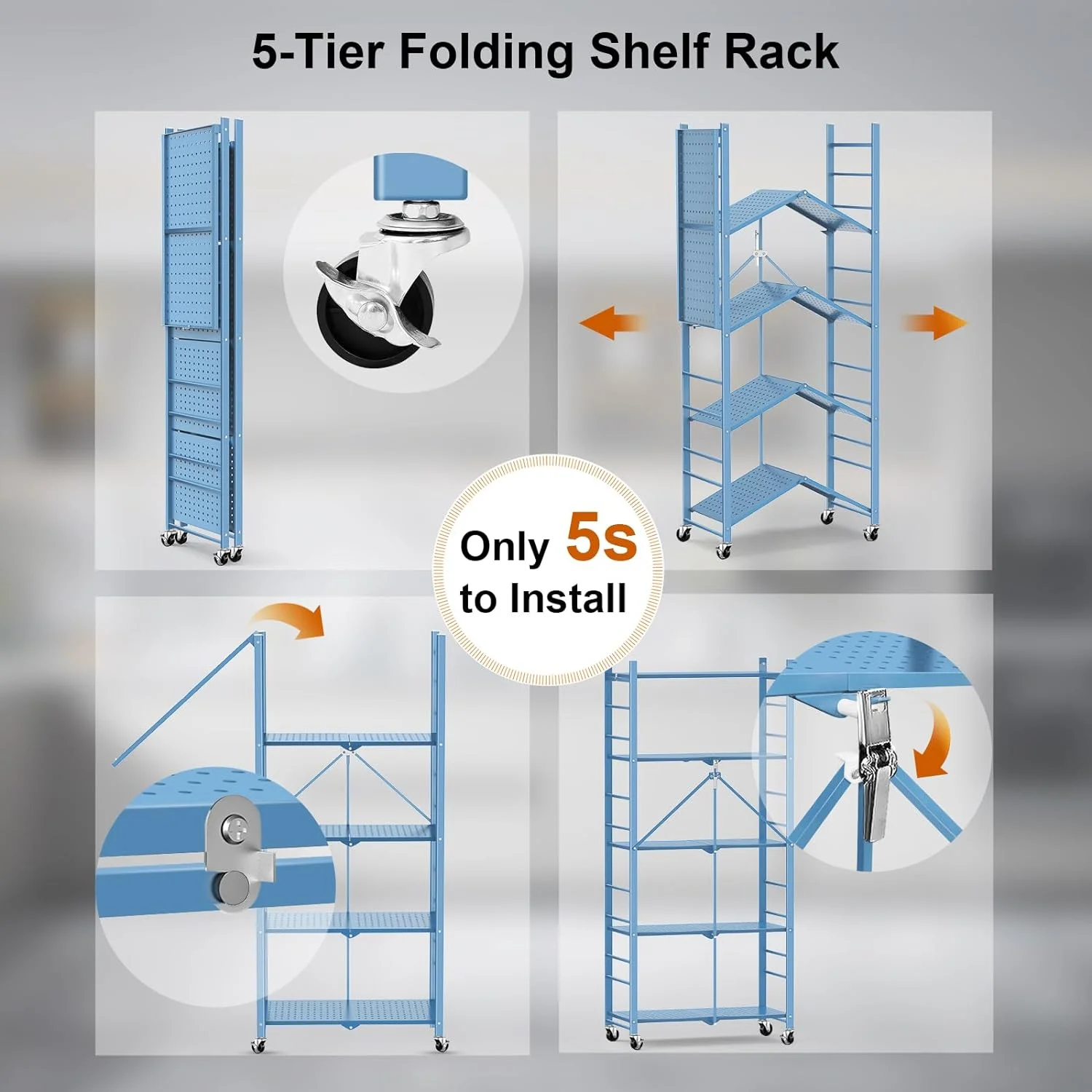Storage Shelves with 20 Hooks, 4-Tier Foldable Shelves for Storage, Folding Shelf Unit Pantry Shelves with Wheels, Metal Shelving Storage Rack Shelf for Kitchen Garage Home, Black - No Assembly - Image 19