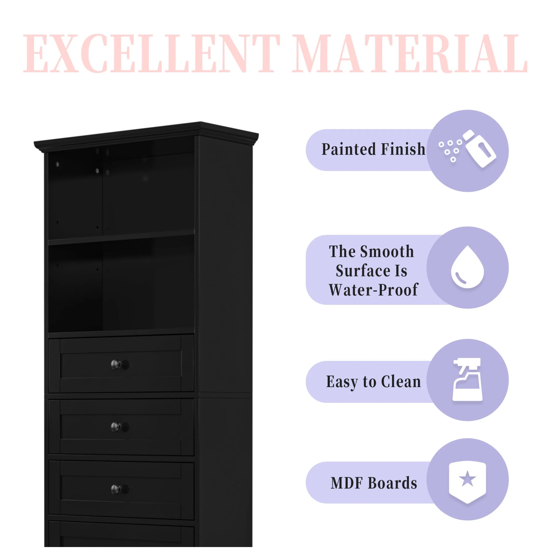 Black Tall Storage Cabinet with 3 Drawers and Adjustable Shelves for Bathroom, Study, Office and Interior, MDF Board with Painted Finish Black + MDF - Image 8