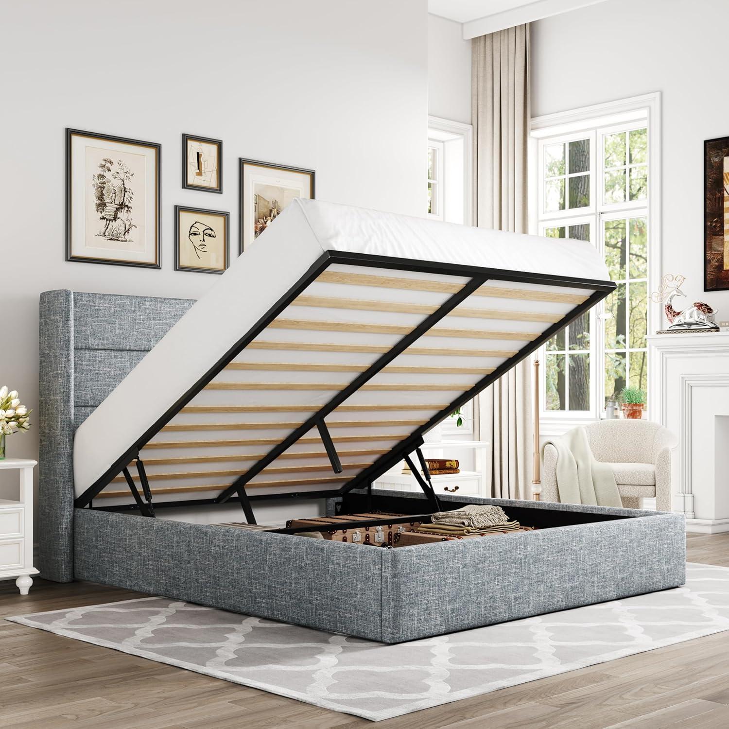 Queen Size Lift Up Storage Bed with Wingback Headboard, Upholstered Platform Bed Frame with Hidden Storage - Image 7