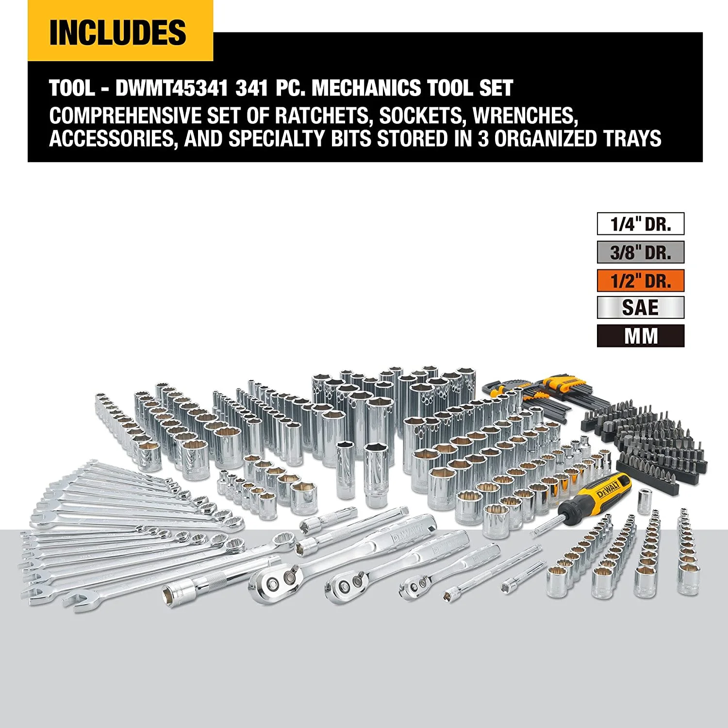 DEWALT Mechanics Tool Set, 1/4", 3/8", 1/2" Drive Tools and Combo Wrenches, 341 Piece (DWMT45341) - Image 6