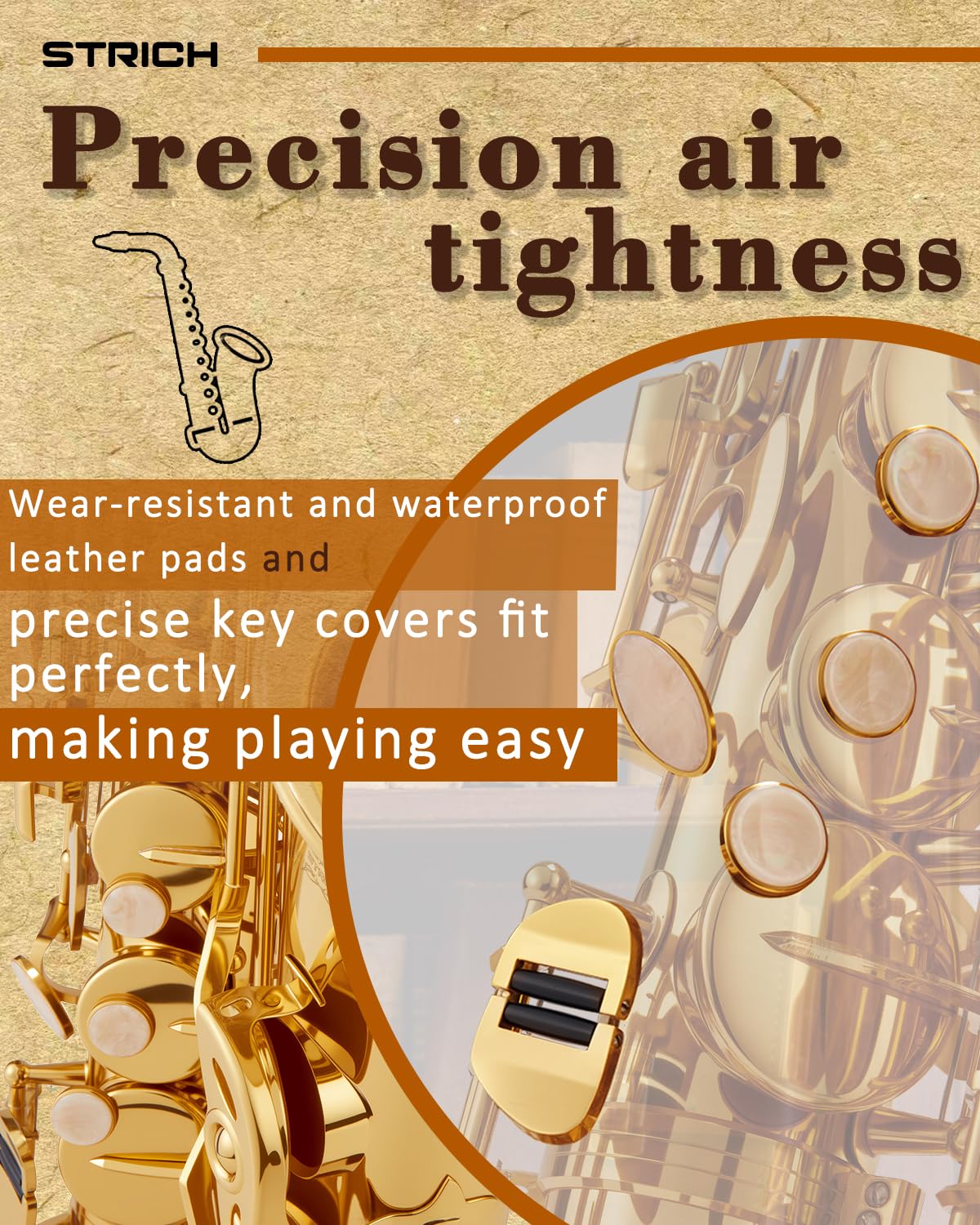 Bb Tenor Saxophone for Student Beginner, Brass Tenor Sax Kit with Hard Case Stand Neck Strap Mouthpiece and Reeds for Band School, STS-130G, Gold - Image 5