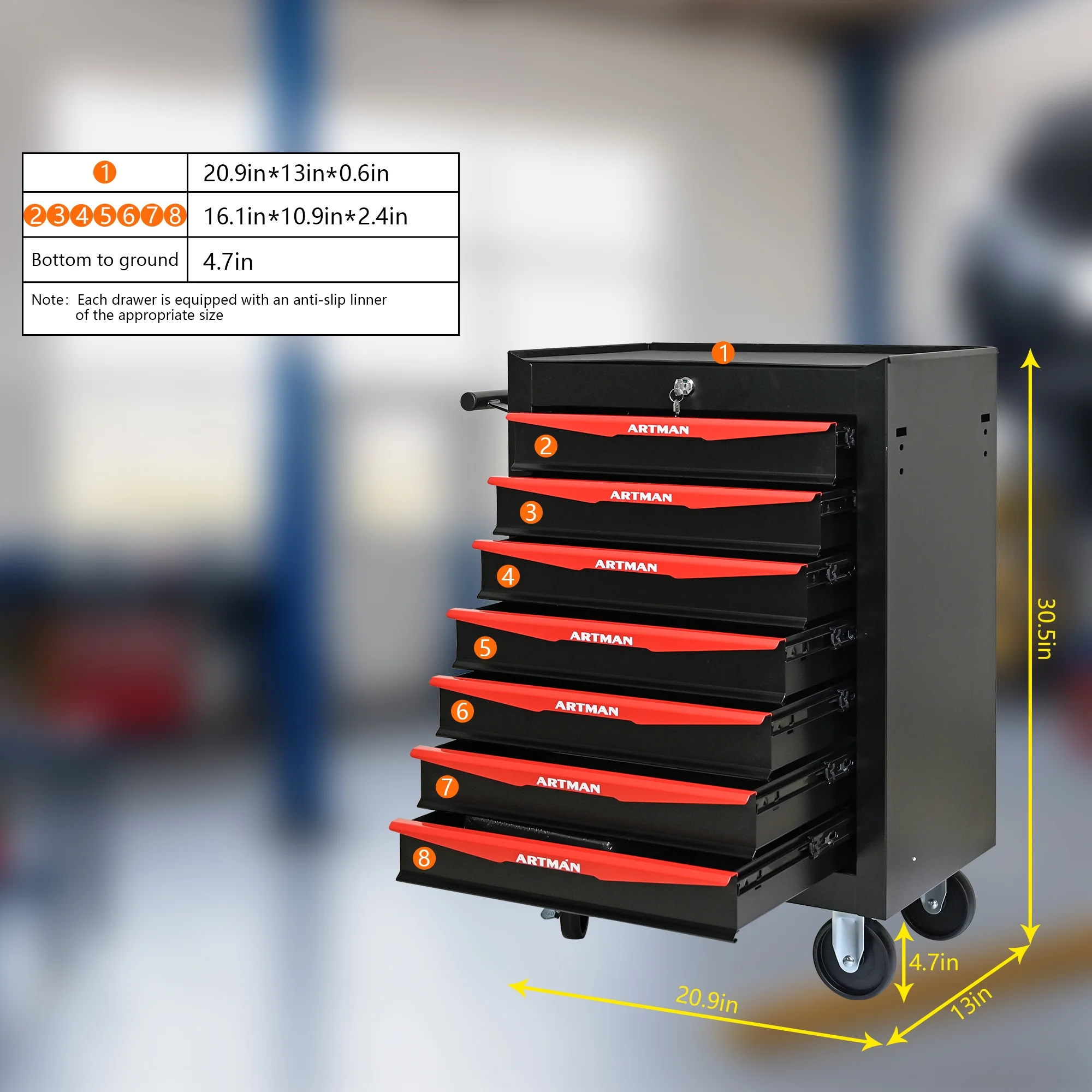 Tool Cabinets Rolling Metal Tool Chest with 7 Drawers, 20" 7-Drawer Tool Chest Cabinet with Ball Bearing Drawer Slides, Steel Tool Storage Box Organizer -BLACK&RED,Garage Tool Cabinets - Image 7