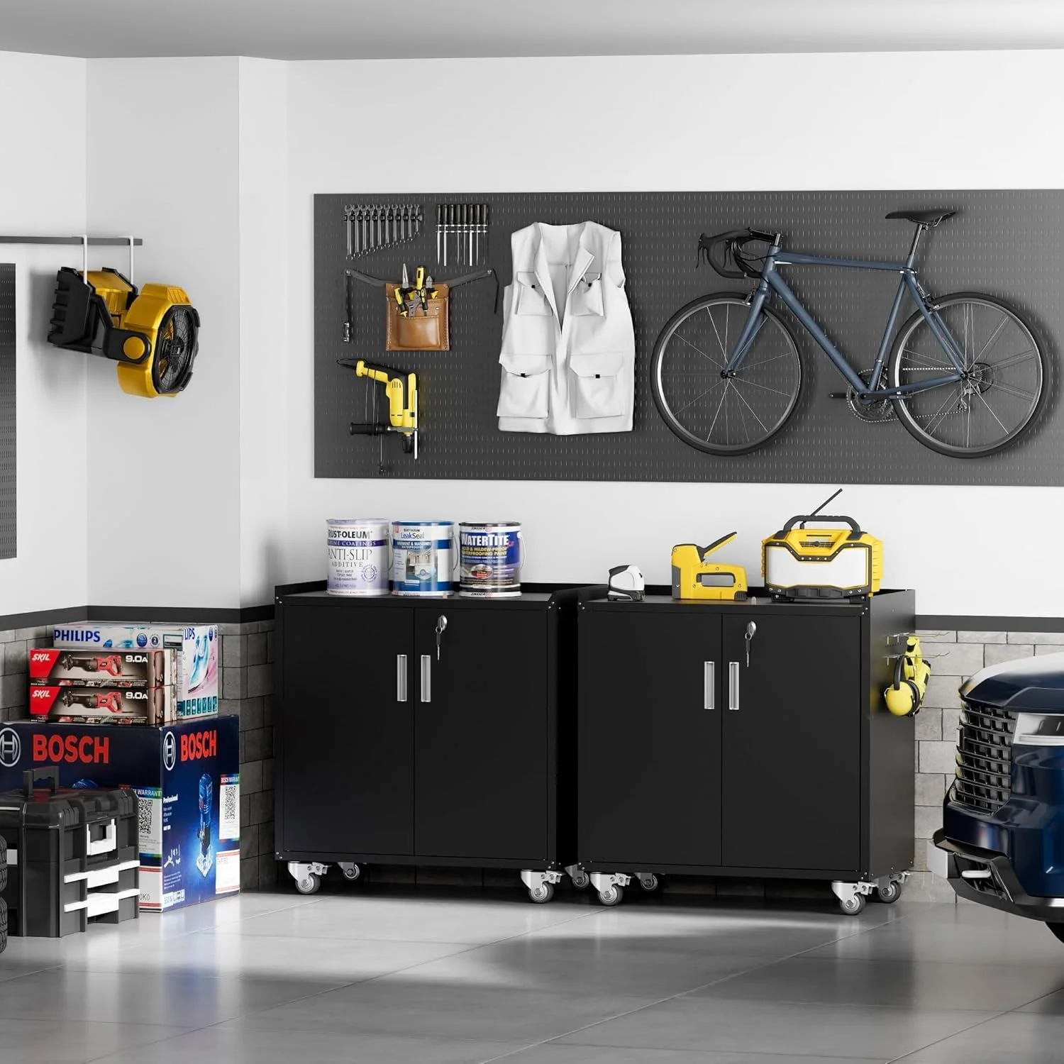 GXK-Home Metal Garage Storage Cabinet With Lock and Hook Hole,Tool Chest with Wheels for Workshop,Black - Image 4