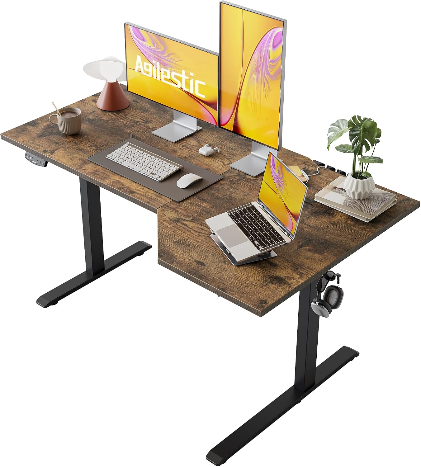 55 x 32 Inch Corner L Shaped Electric Standing Desk, Rustic Brown - Image 2