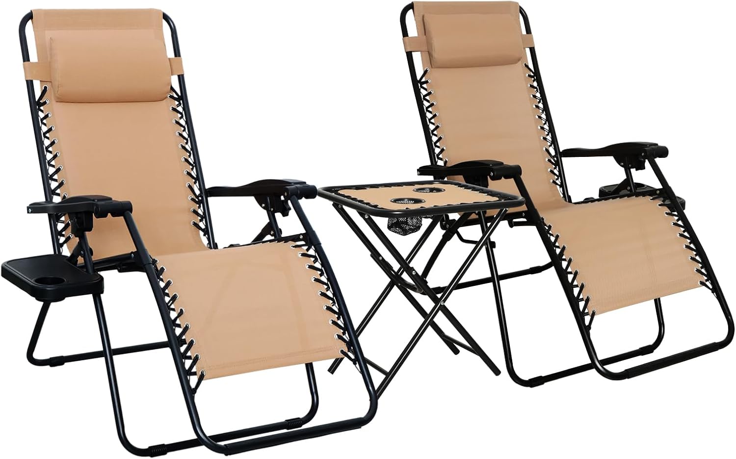Outdoor Textilene Adjustable Zero Gravity Folding Reclining Lounge Chair Set with Cup Holder, Side Table, Headrest, Weather-Resistant, 35 x 26 x 43 inches, Beige, 2-Pack