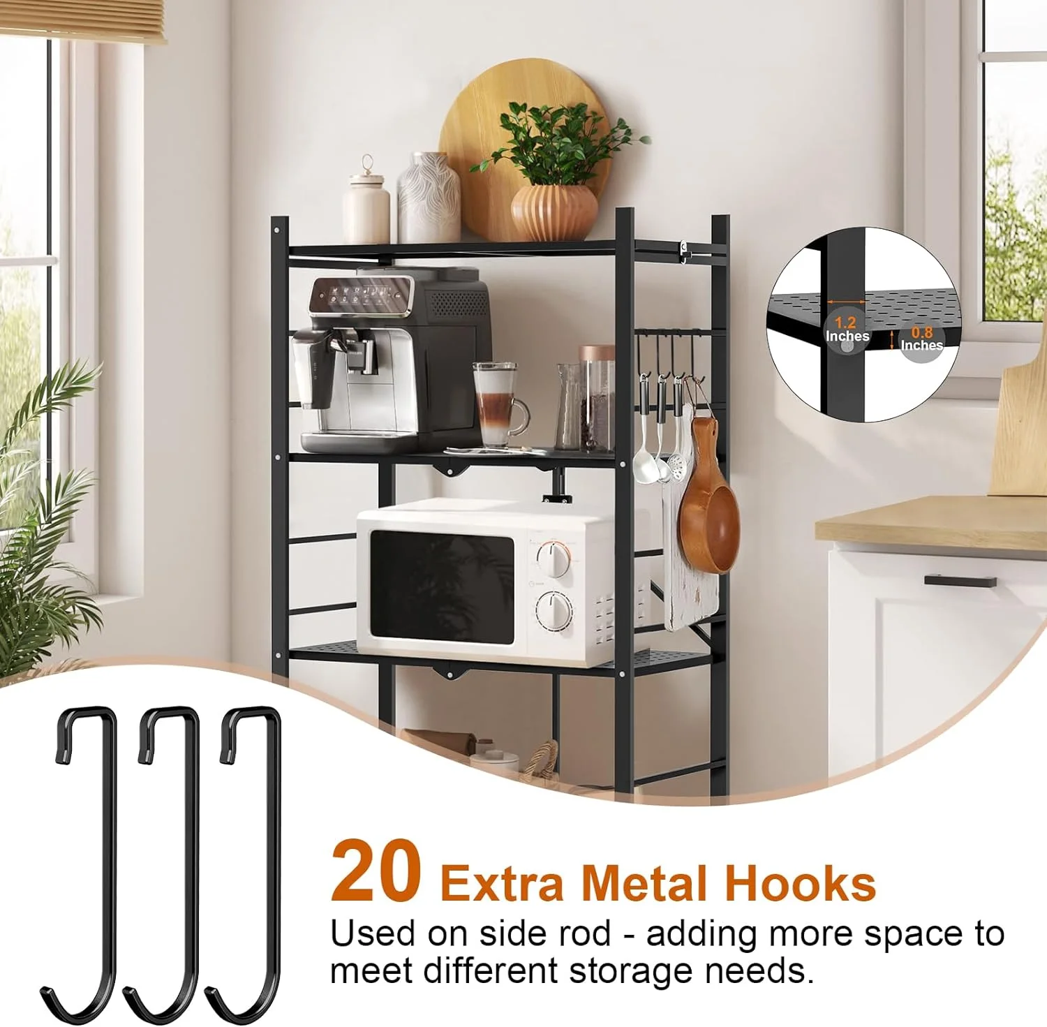 Storage Shelves with 20 Hooks, 4-Tier Foldable Shelves for Storage, Folding Shelf Unit Pantry Shelves with Wheels, Metal Shelving Storage Rack Shelf for Kitchen Garage Home, Black - No Assembly - Image 9