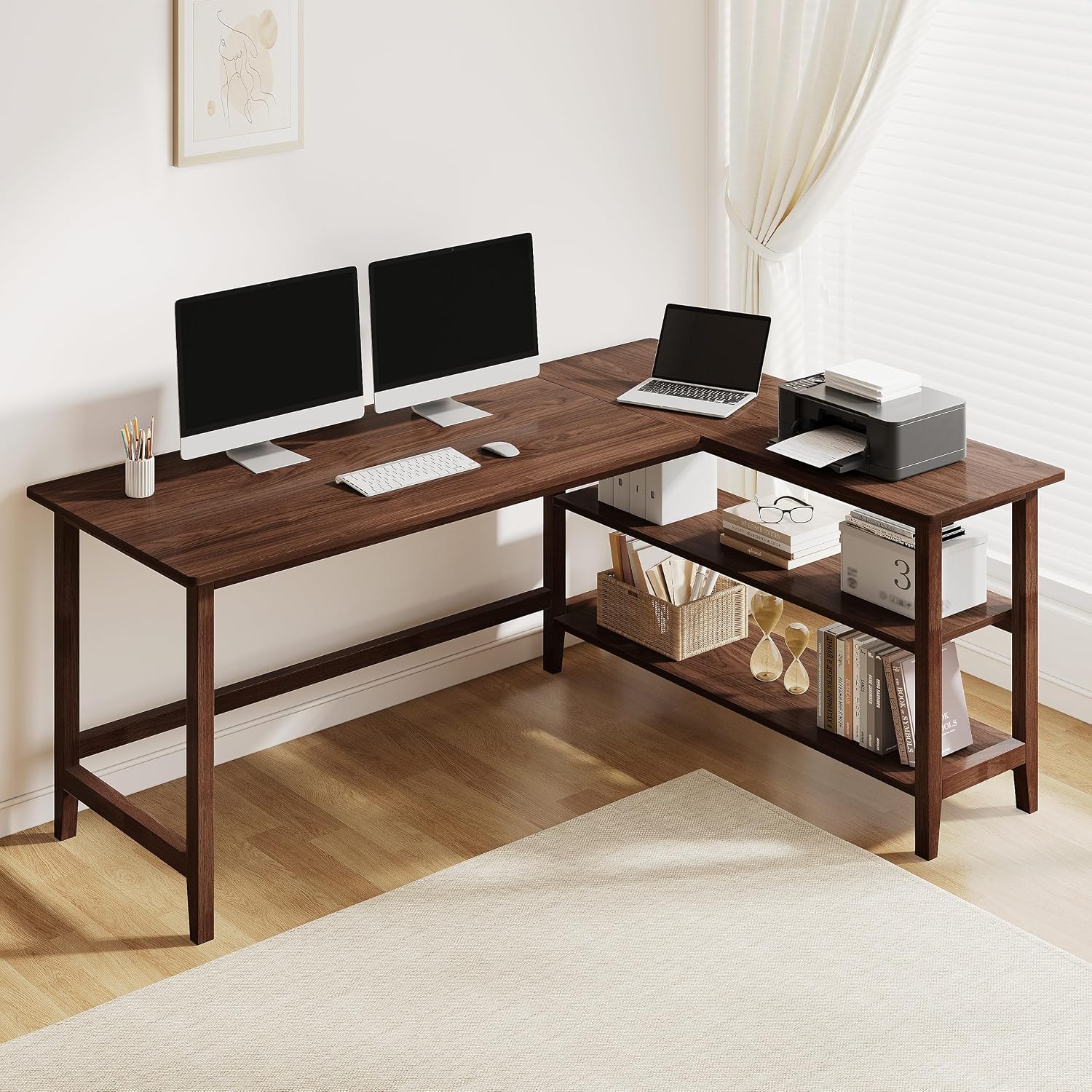 45" Reversible L-Shaped Office Desk with Storage Shelves, Walnut - Image 3