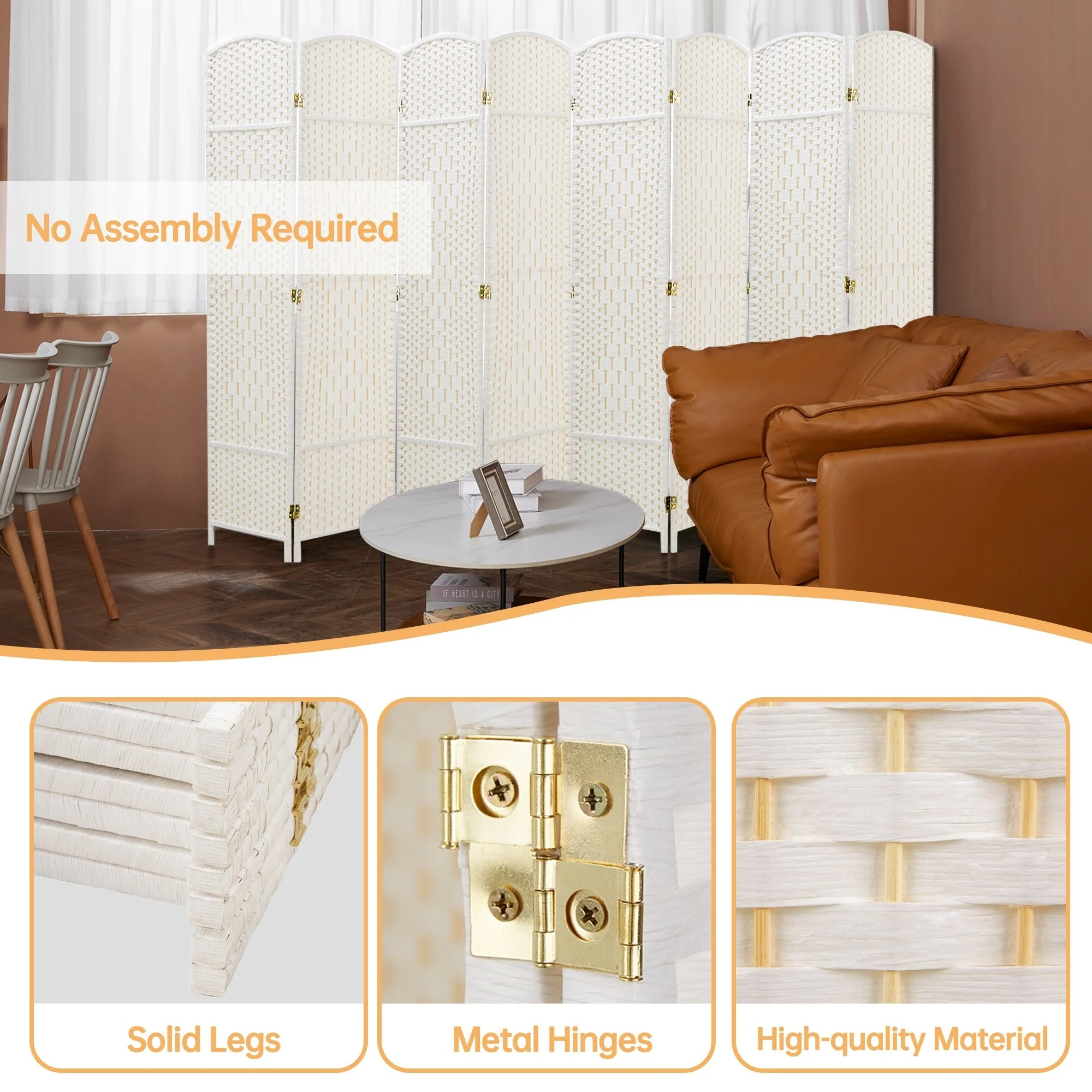 6 FT Tall Woven Fiber Room Divider, Freestanding Folding Privacy Screen - Image 11