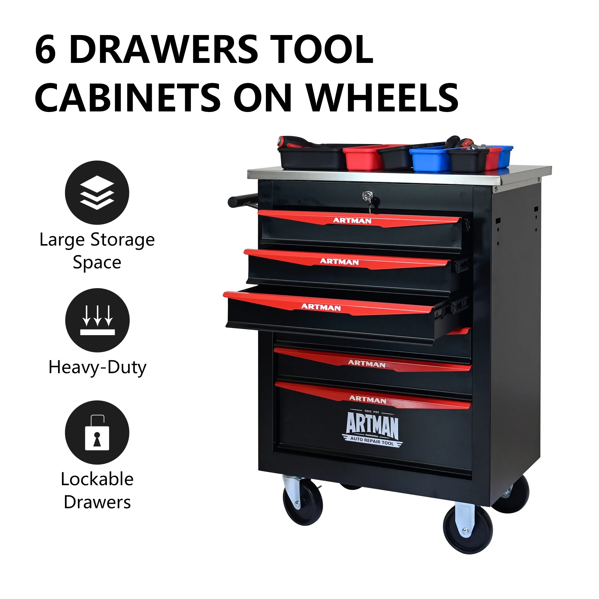 ARTMAN 6 Drawers Metal Rolling Storage Tool Chest Cabinet Cart with Wheels,with Key Locking and Parking Brake, Tool Box for Garage Workshop Warehouse - Image 11