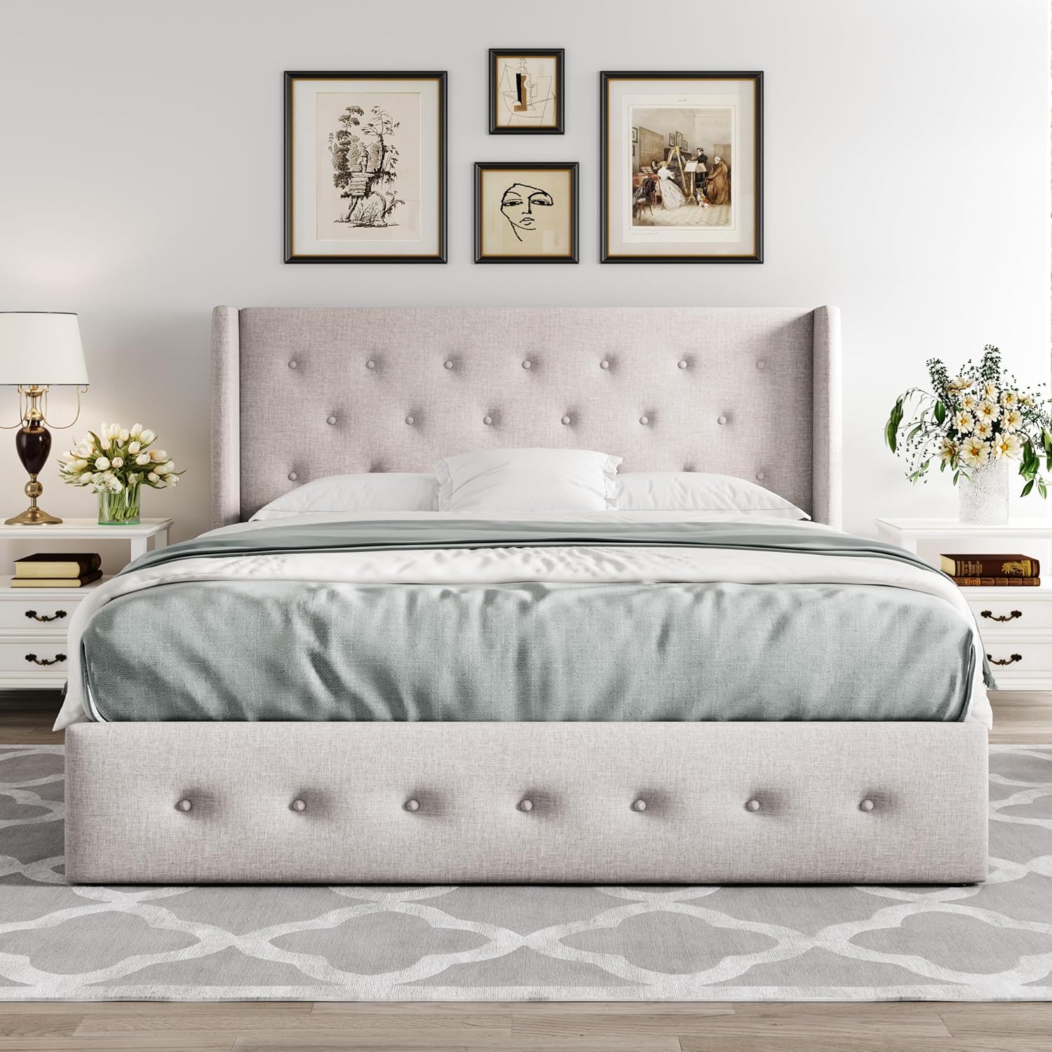 Queen Size Lift Up Storage Bed with Wingback Headboard, Upholstered Platform Bed Frame with Hidden Storage - Image 129