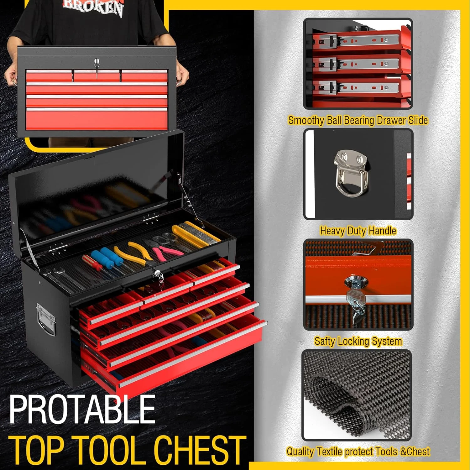 8-Drawer High Capacity Rolling Tool Chest, Removable Cabinet Storage Tool Box with Wheels and Drawers, Detachable Toolbox with Lock for Workshop Mechanics Garage - Image 8