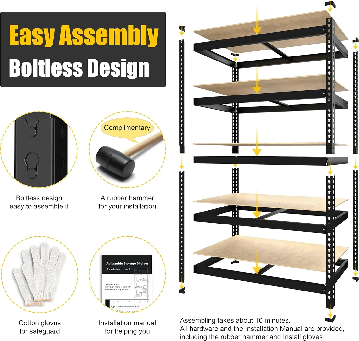 PrimeZone 40" W x 18" D x 71" H Heavy Duty Storage Shelves, 5 Tier Adjustable Garage Storage Shelving, Metal Shelving Unit Utility Rack Shelf for Warehouse Pantry Closet Kitchen, Black - Image 6