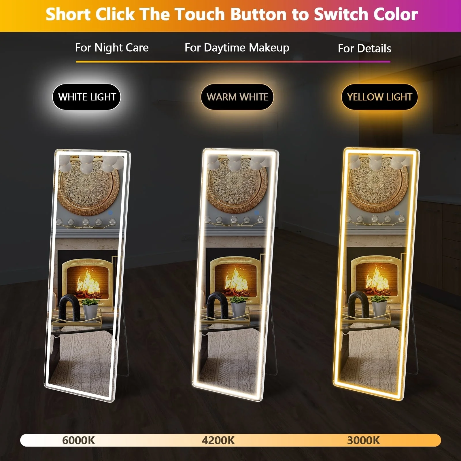64 x 21 Inch Full Length LED Floor Mirror with Stand, Wall Mounted Full Body Mirror - Image 2