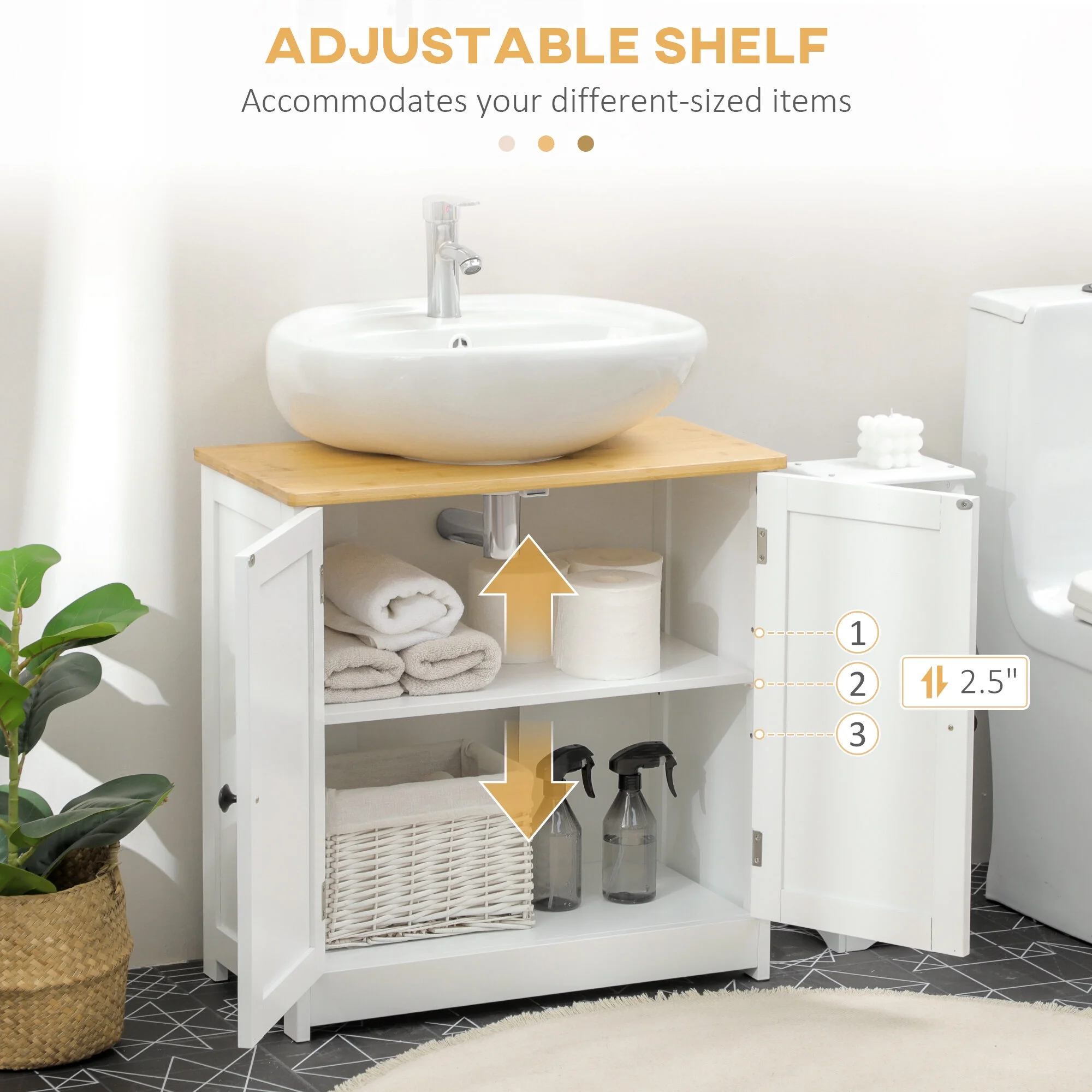 Kleankin Modern Bathroom Under Sink Cabinet,Bathroom Vanity for Wall Mount Sink,Storage Cabinet with Double Doors and Adjustable Shelf,White,White Mdf Bath Faucets Bathroom Storage - Image 5