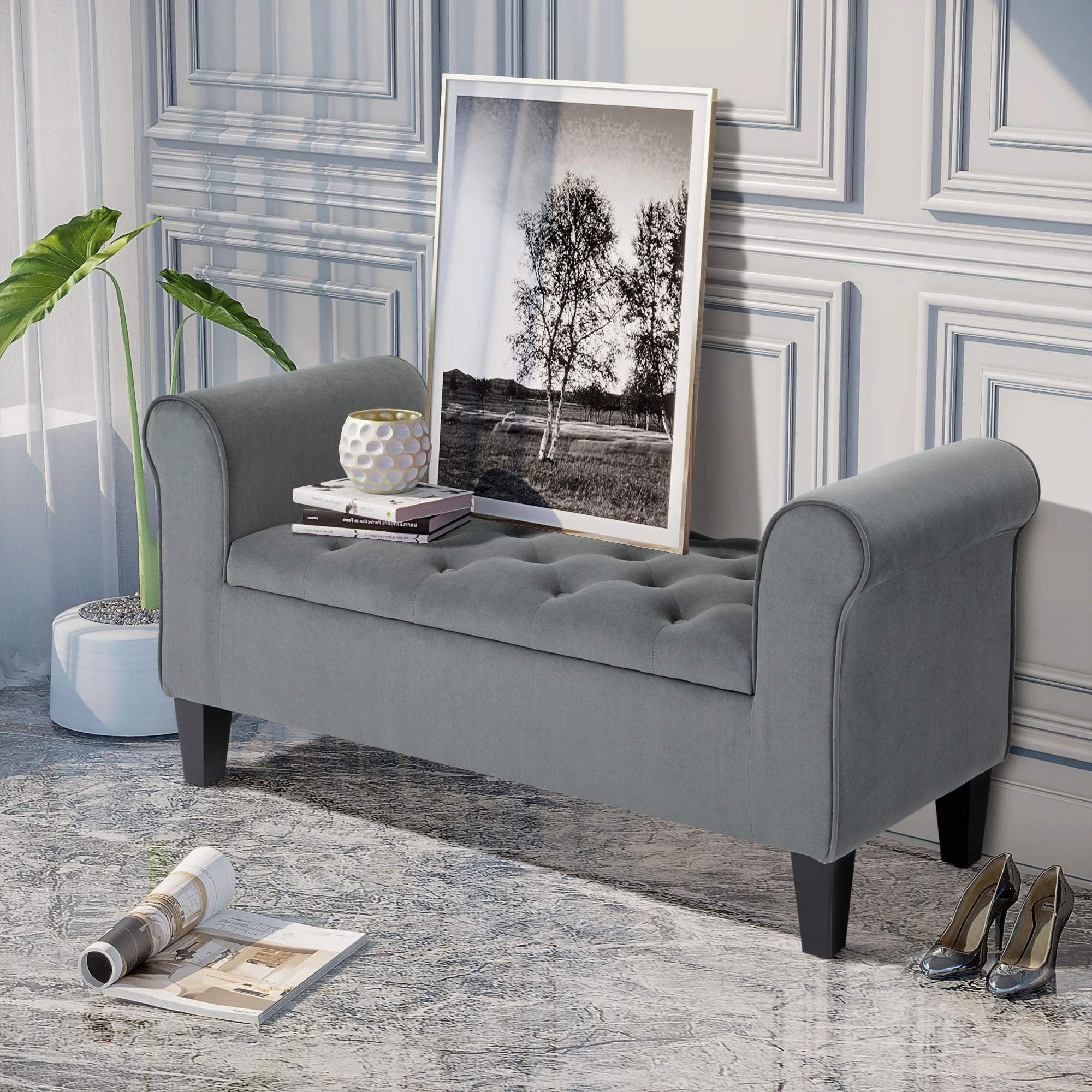 Button-Tufted Storage Ottoman Bench, Upholstered Bed Bench with Rolled Armrests for Bedroom, Living Room and Hallway - Image 2