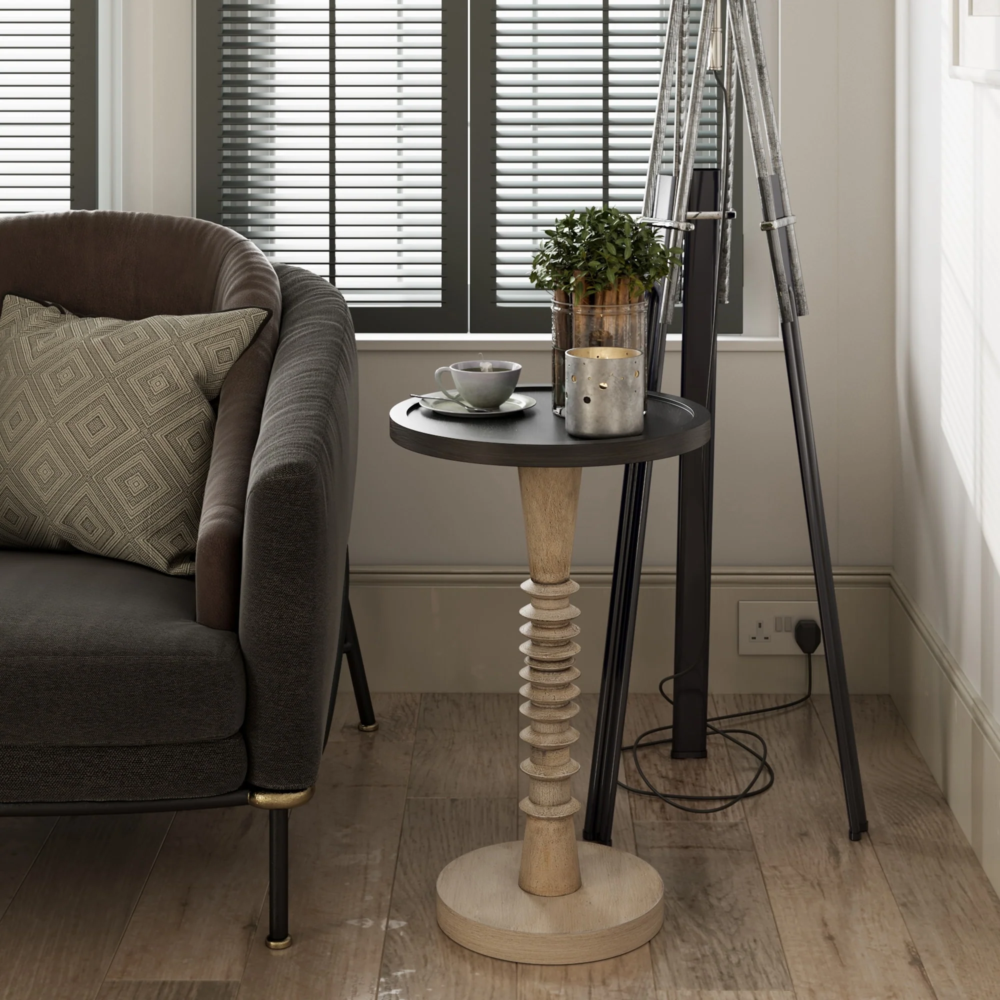 Small Pedestal End Table with Tray Top, Farmhouse Distressed Finish Accent Table - Image 4