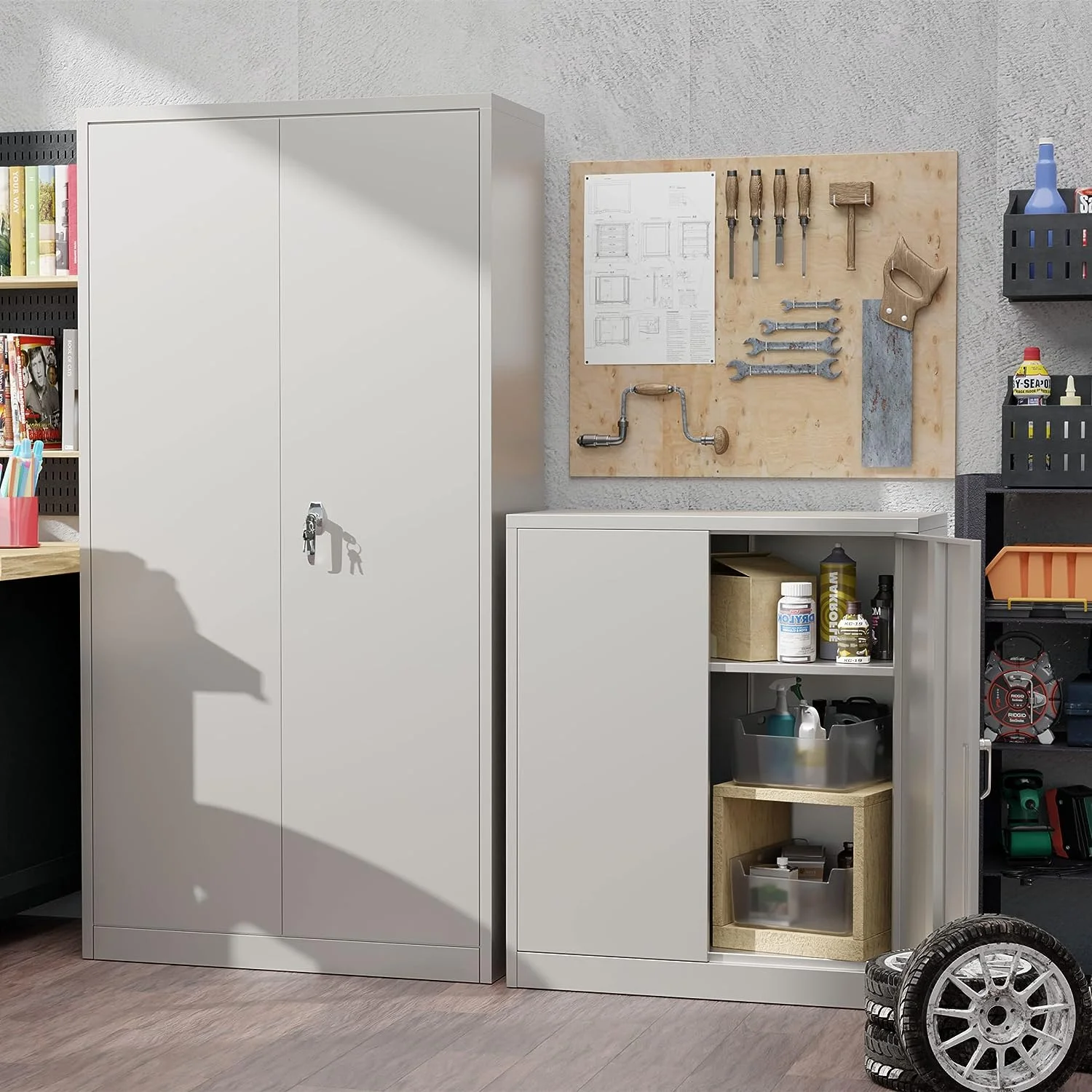 Aobabo Metal Storage Cabinet with Lock & Pegboard,Garage Storage Cabinet with 5 Adjustable Shelves,Tool Storage Cabinets for Home Office Garage,Assembly Required,Black - Image 27