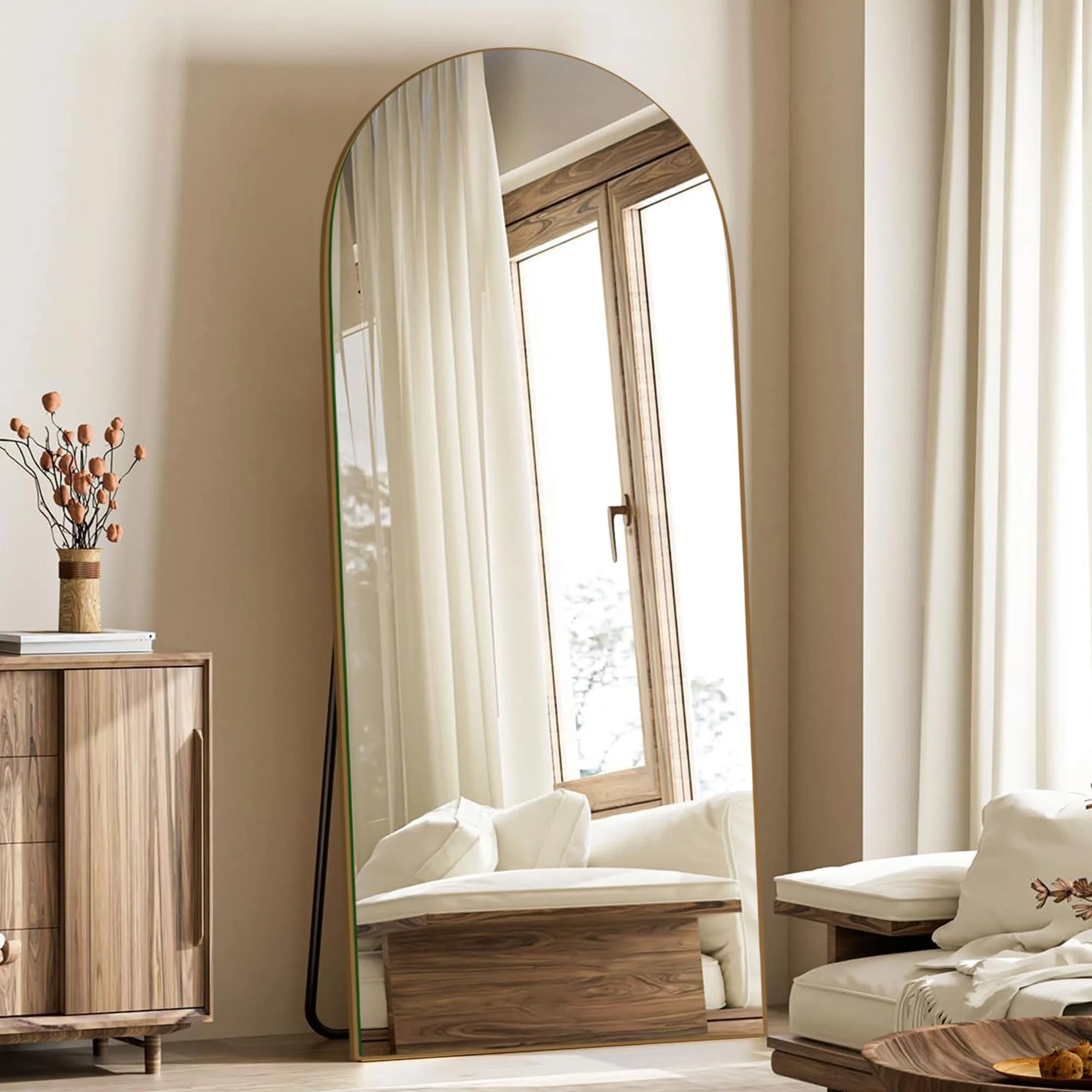 Arched Full Length Wood Floor Mirror, Full Body Standing and Wall Mounted Mirror for Bedroom, Living Room and Home Decor - Image 51