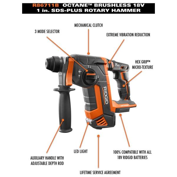 18-Volt Cordless Brushless 1 in. SDS-Plus Rotary Hammer (Tool Only) R86711B - Image 12