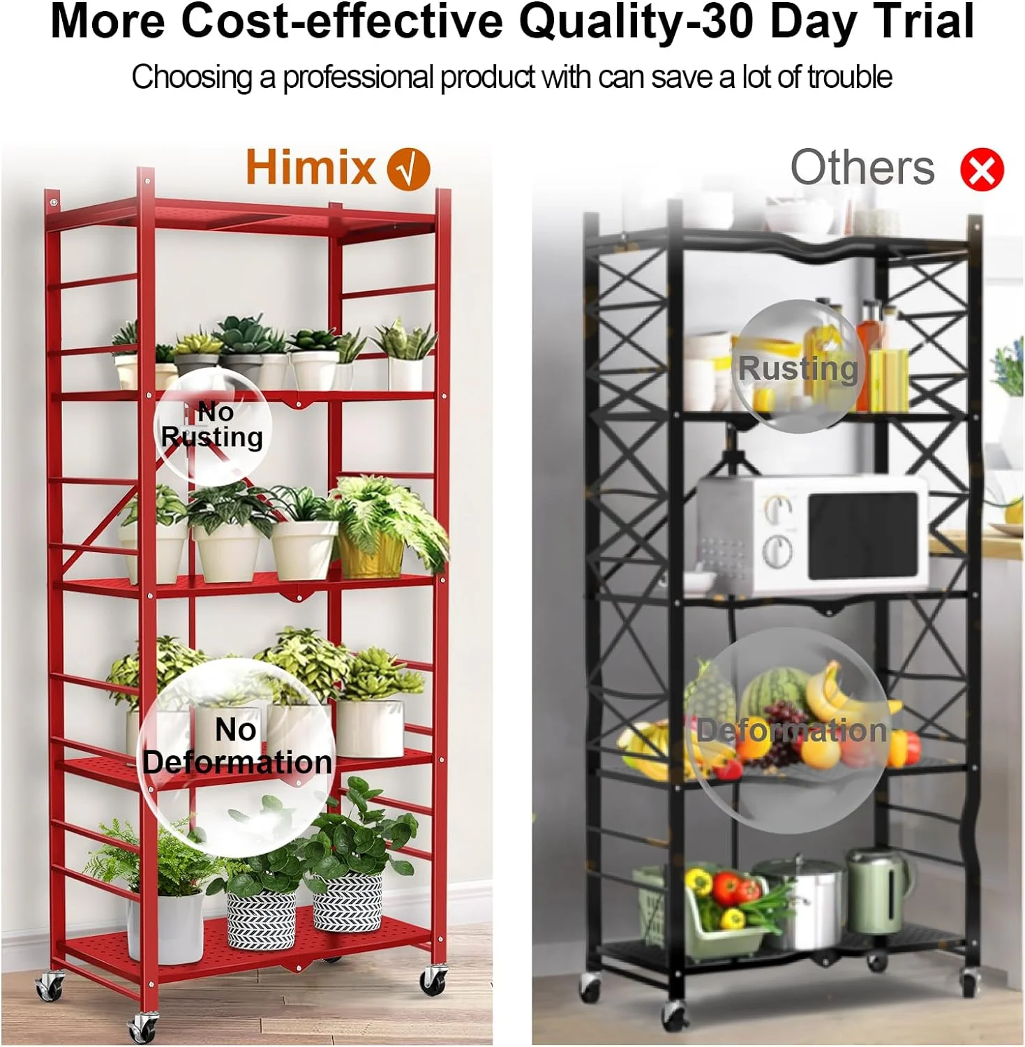 Storage Shelves with 20 Hooks, 4-Tier Foldable Shelves for Storage, Folding Shelf Unit Pantry Shelves with Wheels, Metal Shelving Storage Rack Shelf for Kitchen Garage Home, Black - No Assembly - Image 45