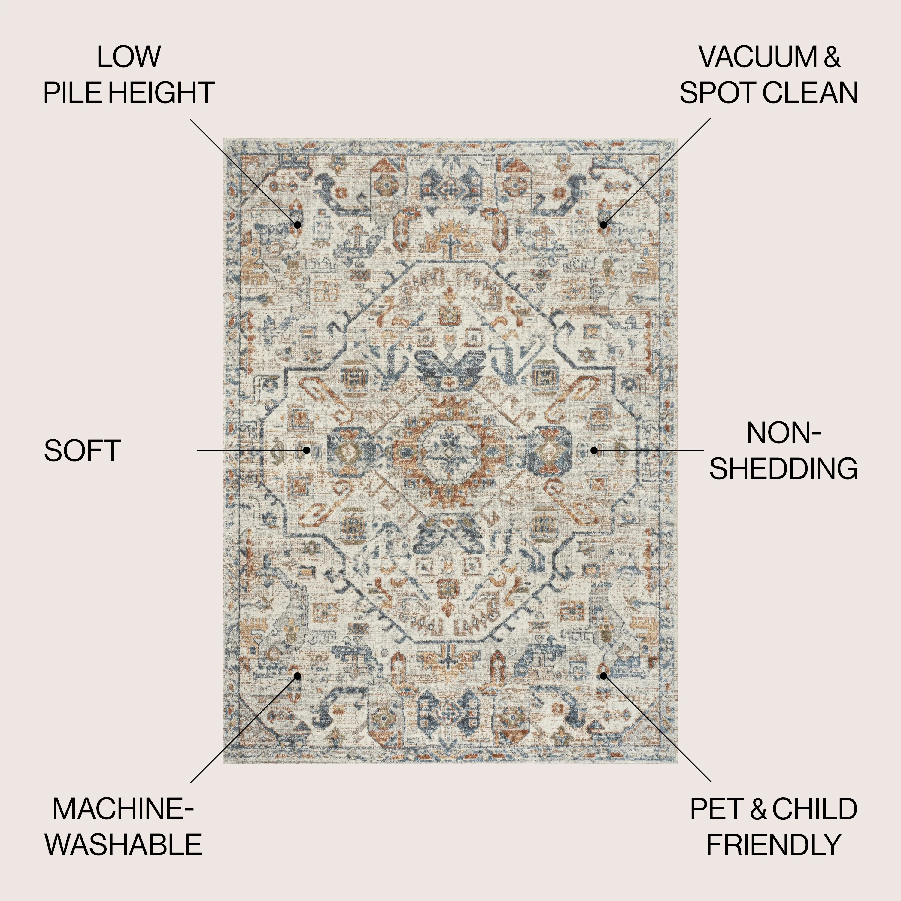 Bohemian Medallion Low-Pile Machine-Washable Area Rug, Cream and Terra - Image 43