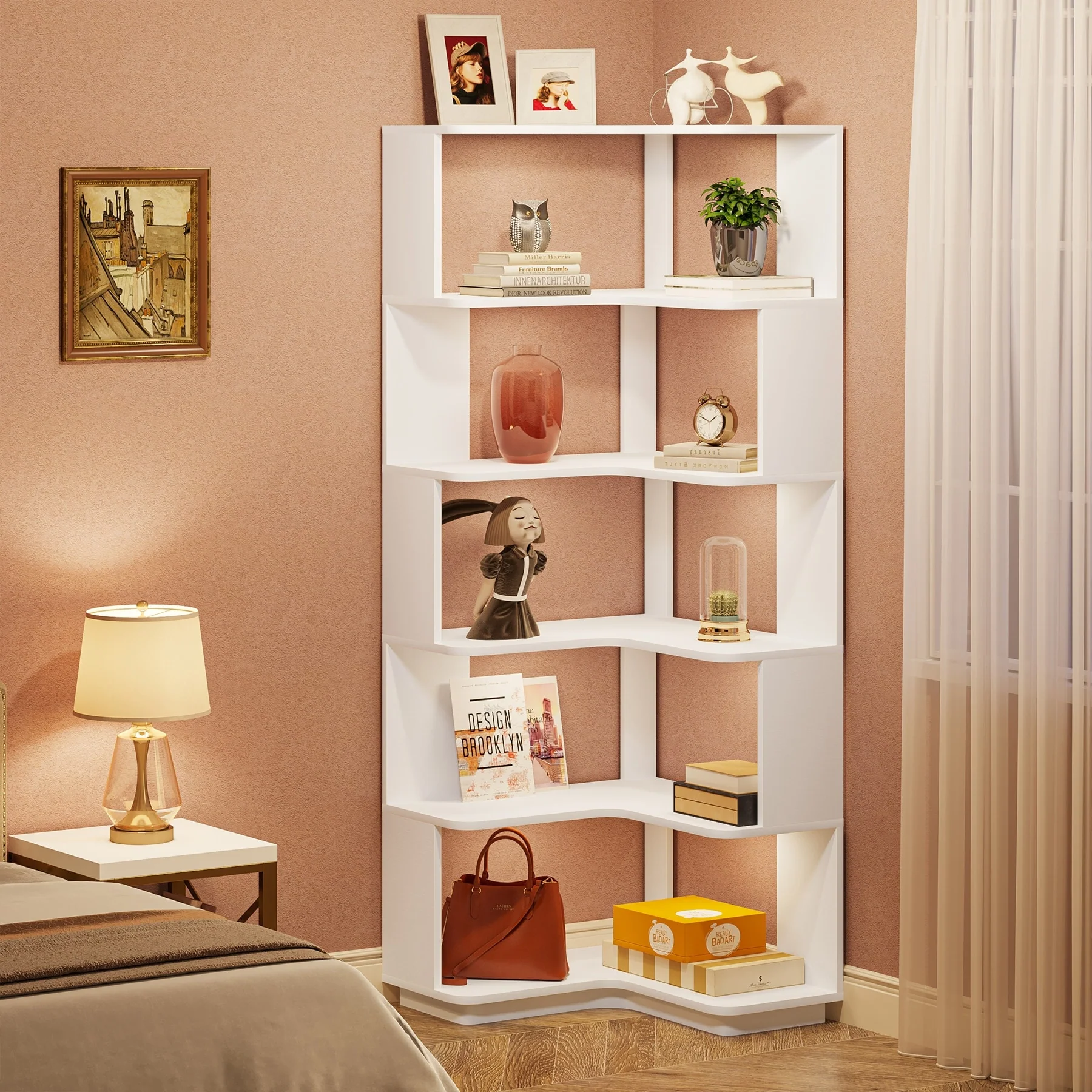 64.9 Inch Tall 6-Tier Corner Bookshelf, Freestanding Wood Industrial Bookcase - Image 3