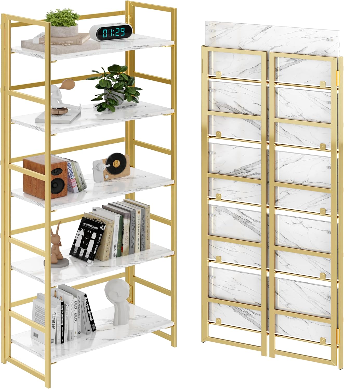 Vintage Multifunctional Folding Bookshelf, No-Assembly Plant Stand Storage Rack Shelves for Home Office (White, 5-Tier) - Image 14