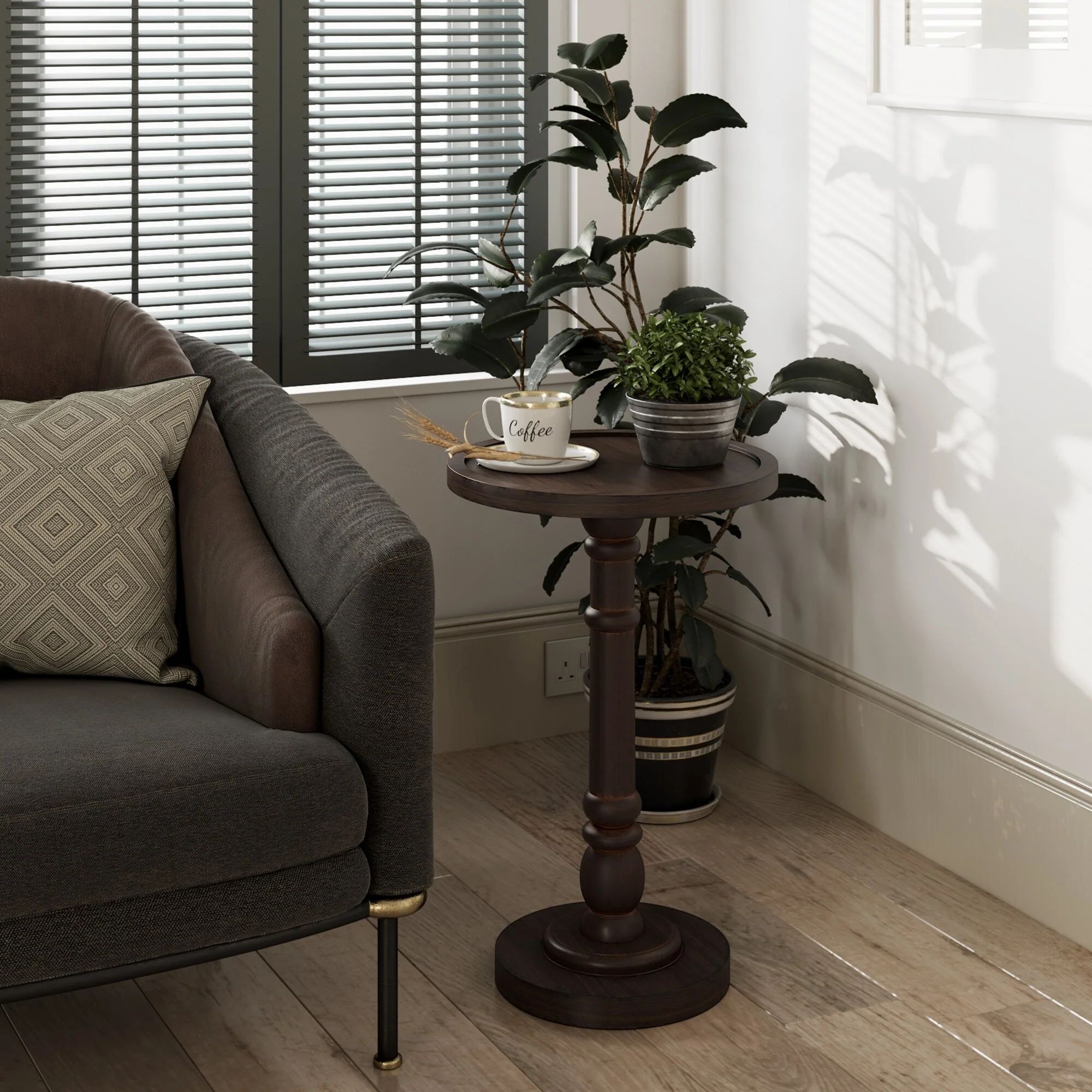Small Pedestal End Table with Tray Top, Farmhouse Distressed Finish Accent Table - Image 2