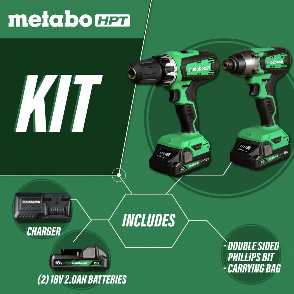 Metabo HPT 18V MultiVolt Hammer Drill and Impact Driver Combo Kit | Cordless | 2-2.0Ah Li-Ion Batteries w/Fuel Gauge | Lifetime Tool Warranty | KC18DFX - Image 4