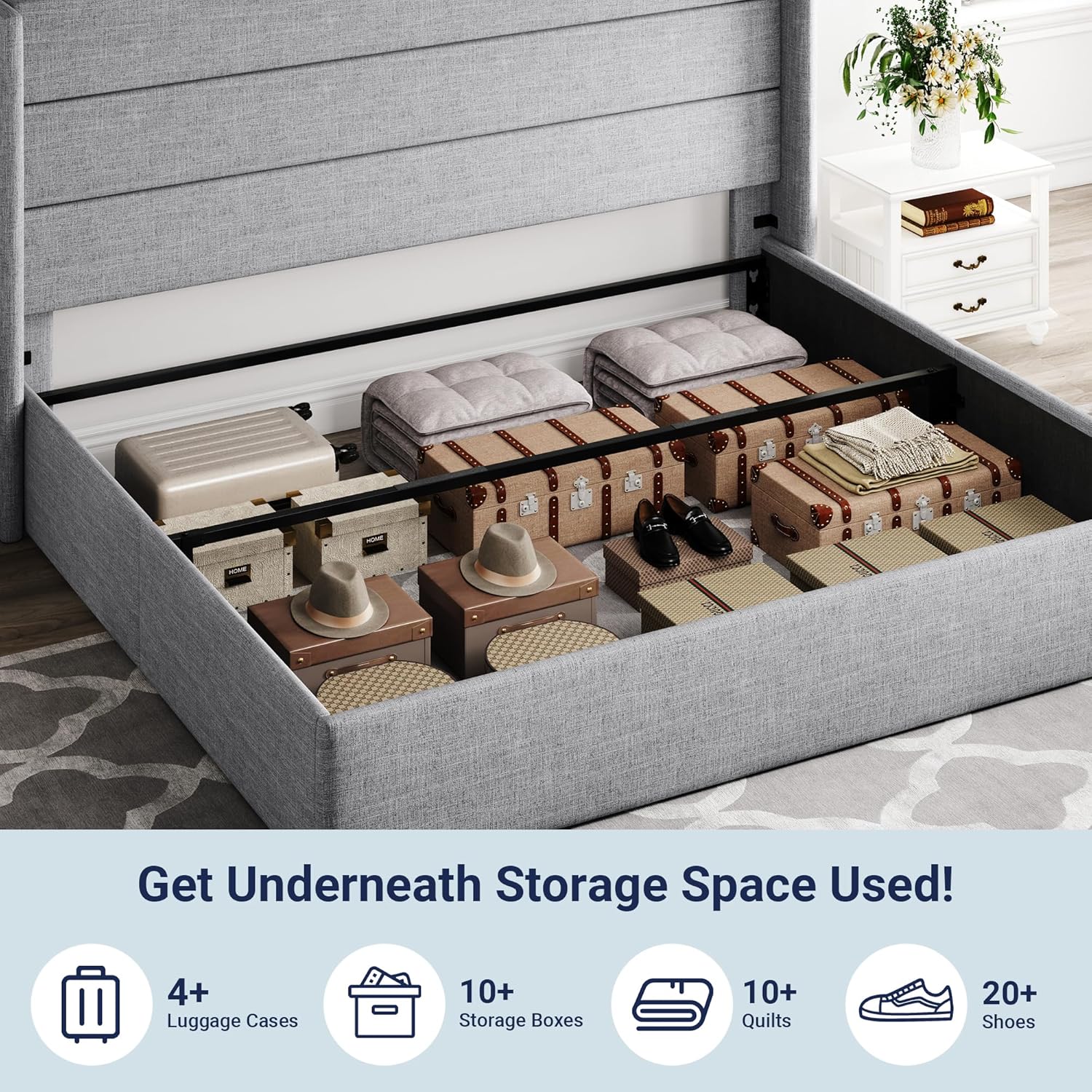 Queen Size Lift Up Storage Bed with Wingback Headboard, Upholstered Platform Bed Frame with Hidden Storage - Image 10