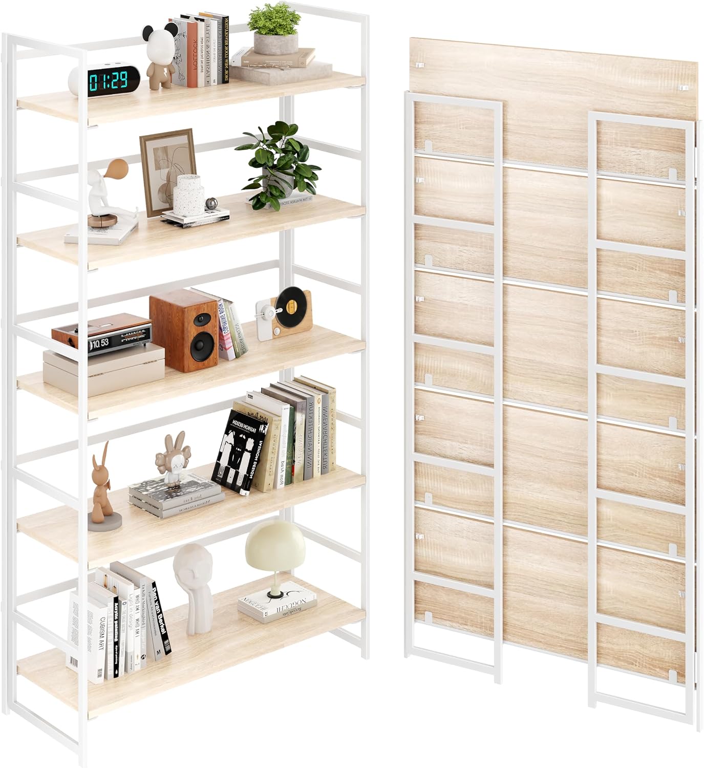 Vintage Multifunctional Folding Bookshelf, No-Assembly Plant Stand Storage Rack Shelves for Home Office (White, 5-Tier) - Image 23