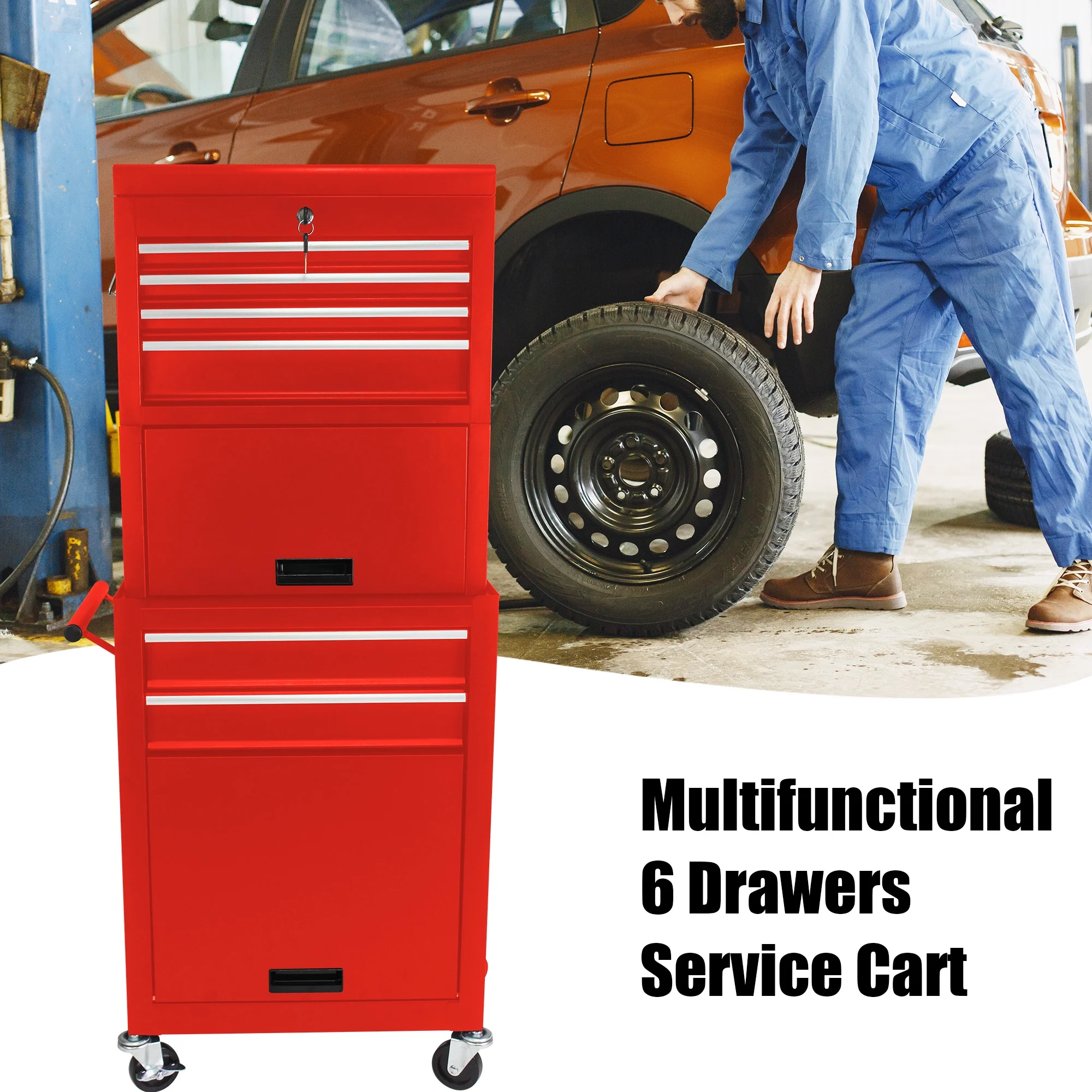 NIGSQJB 3-In-1 Tool Chest on Wheels with 6 Drawers, 52"H Tool Storage Cabinet with Auto Locking System,Detachable Top,Tool Box Organizer for Garage,Workshop,Repair Shop,DIY, Red - Image 12