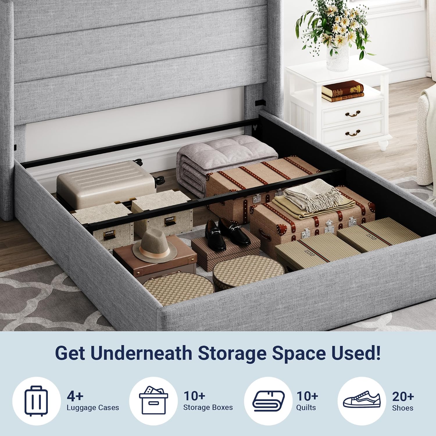 Queen Size Lift Up Storage Bed with Wingback Headboard, Upholstered Platform Bed Frame with Hidden Storage - Image 118